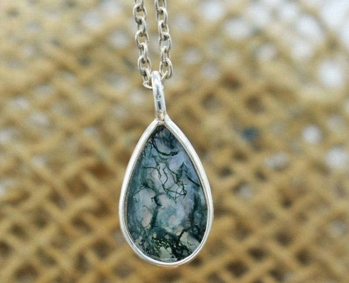 Handmade 925 Silver Moss Agate Necklace Checker Cut stone Pendant Size ONE SIZE - 3 Thumbnail
