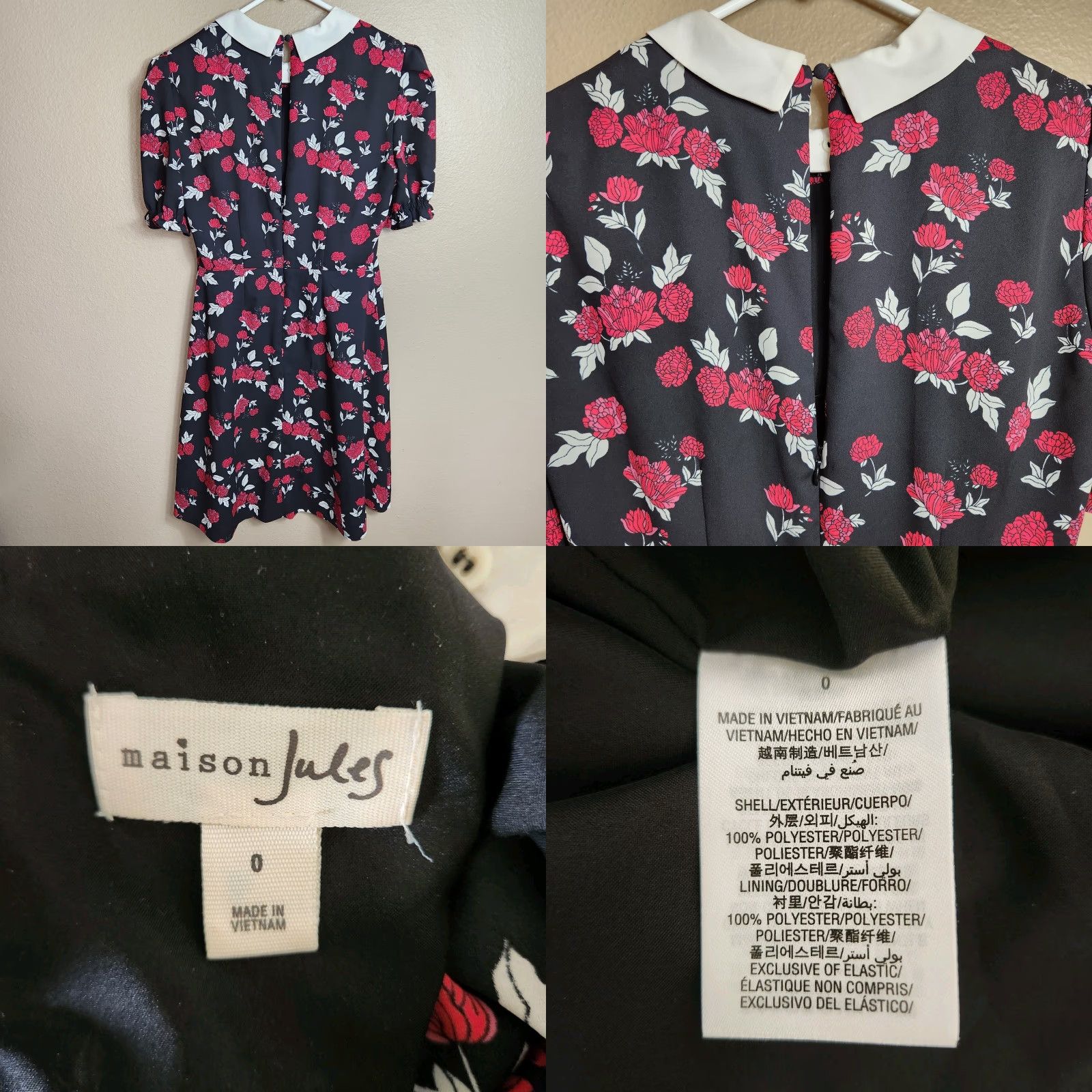 Vintage Maison Jules Womens Floral Shift Dress w/Button-off Collar Dress Short Sleeve Black XS? Lined Balloon Sleeve Size XS / US 0-2 / IT 36-38 - 8 Thumbnail