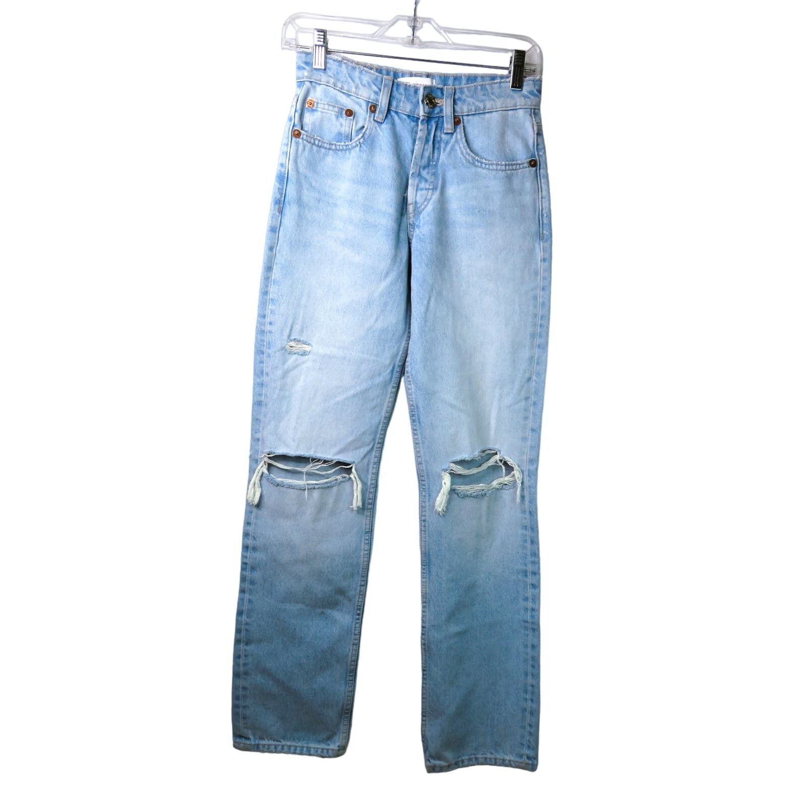Zara New ZARA Blue Denim Mid-Rise Straight Leg Distressed Jeans Size 26" / US 2 / IT 38 - 1 Thumbnail