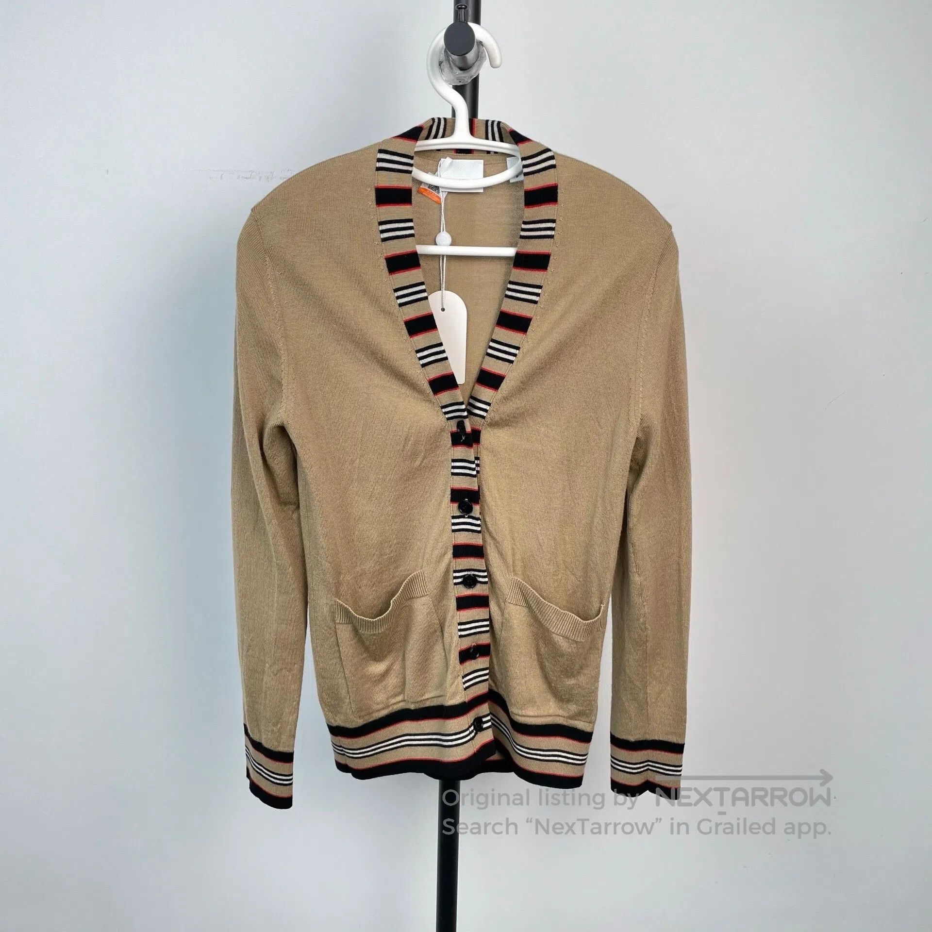 Burberry Burberry Khaki Stripe V-Neck Knit Cardigan| Size S / US 4 / IT 40 - 1 Thumbnail