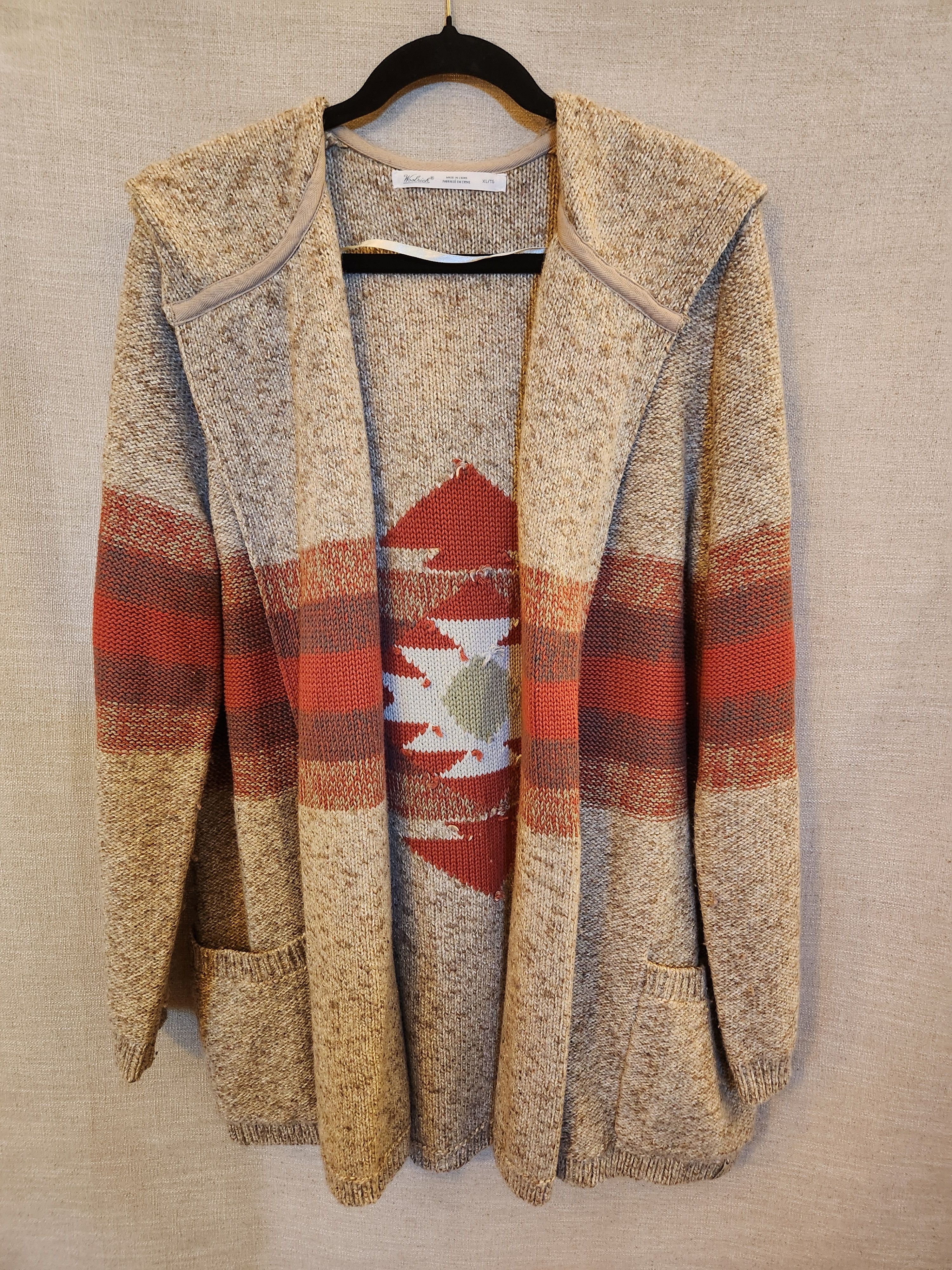 Woolrich Woolen Mills Cotton/Wool Open Front Hooded Southwest Designed Cardigan Size XL / US 12-14 / IT 48-50 - 1 Thumbnail
