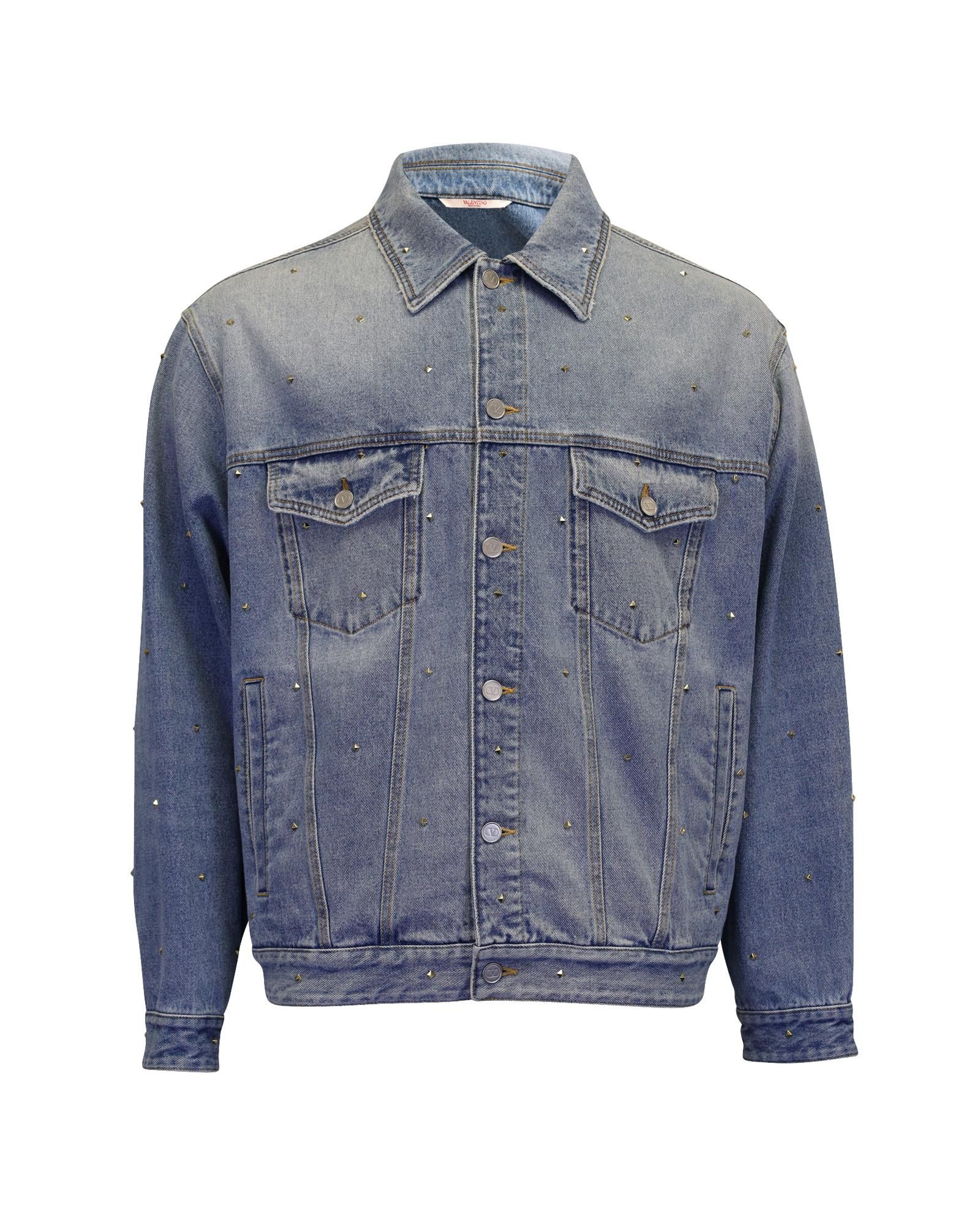 image of Valentino Denim Jacket With All-Over Spike Studs In Light Blue Cotton in Blue/Light Blue (Size 2XL)