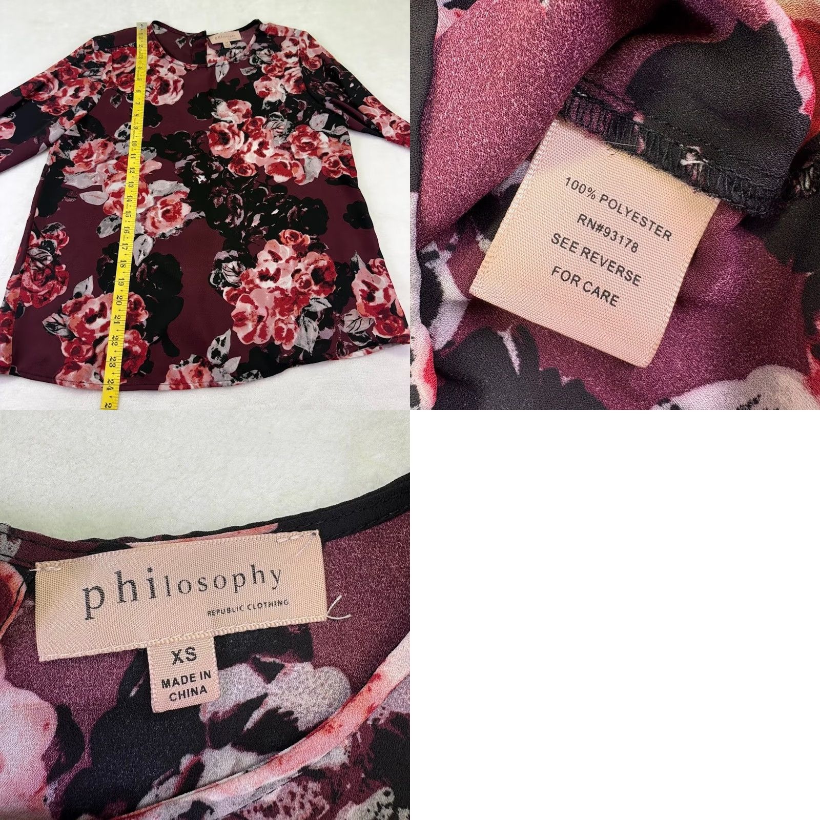 Vintage Philosophy Blouse XS Long Sleeve Round Neck Back Button Shirred Cuffs Solid Burgundy Floral 100% Polyester Women’s Shirt Casual Workwear Size XS / US 0-2 / IT 36-38 - 8 Thumbnail