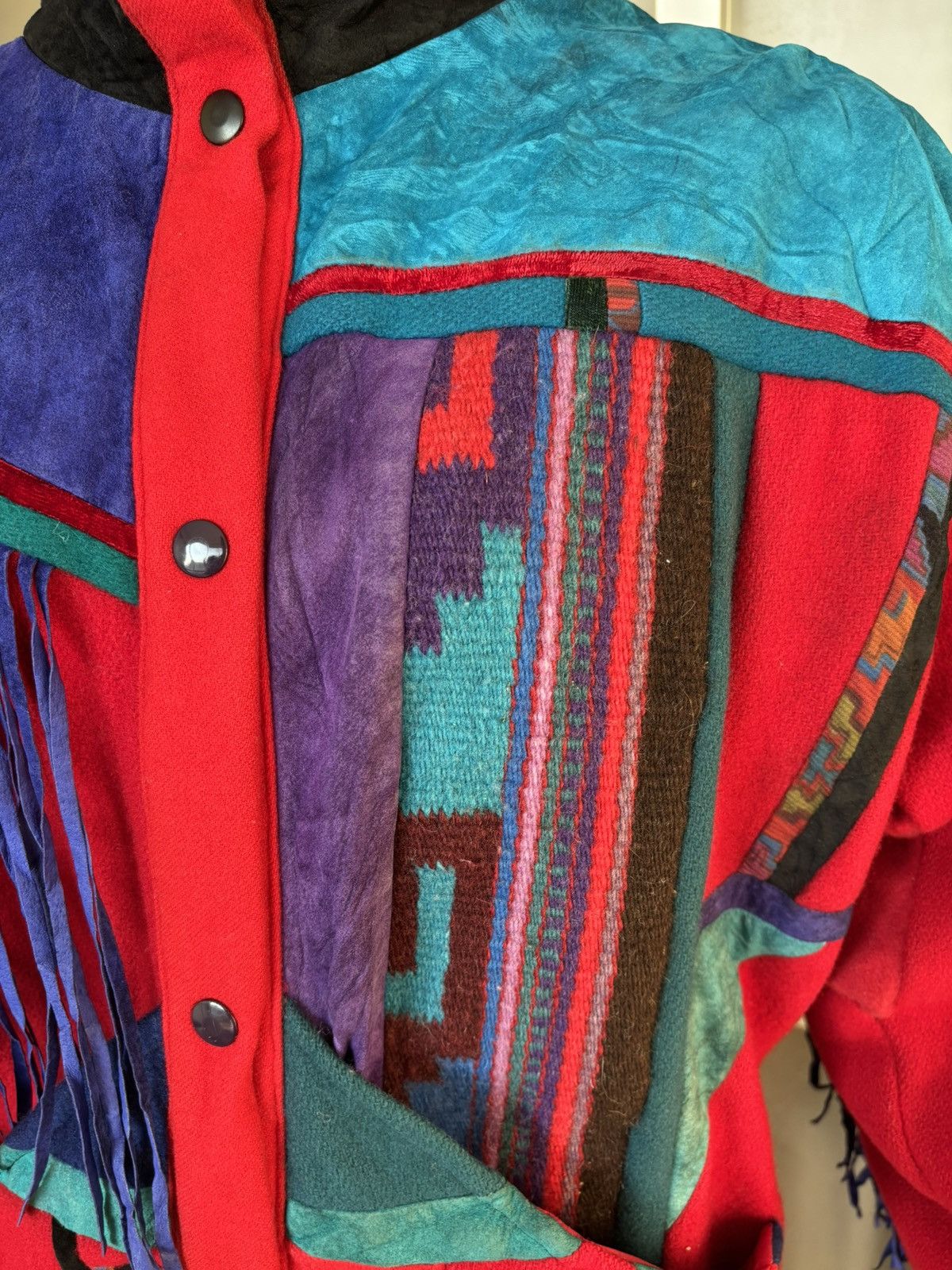 Designer × Vintage Santa Fe Re-creations 90s Suede Patchwork Fringe Jacket Size M / US 6-8 / IT 42-44 - 2 Thumbnail