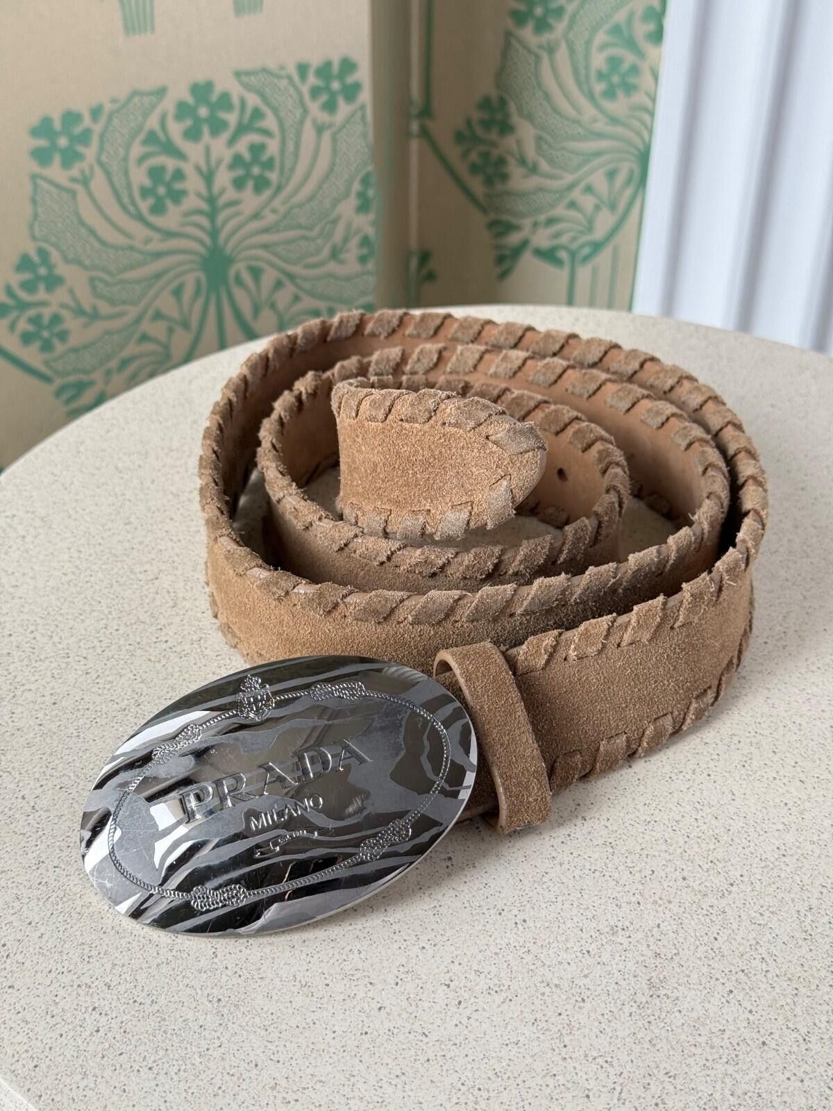 Prada Vintage Prada Suede Beige Logo Belt Size 90/36 Size ONE SIZE - 1 Thumbnail