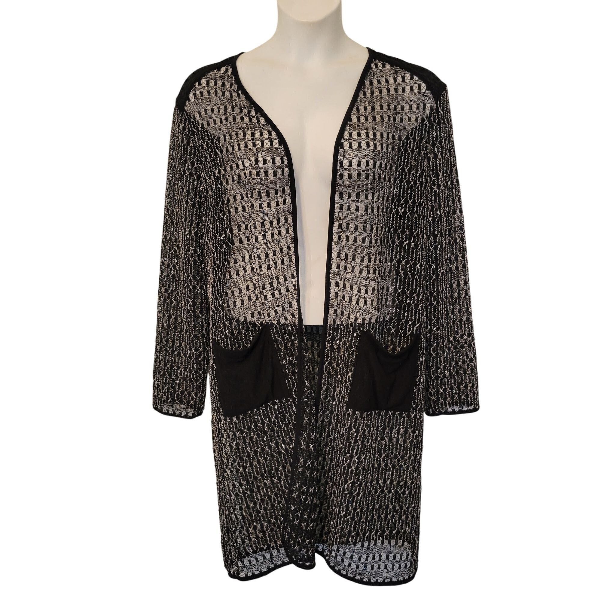 Chicos Chicos Travelers 2 Sheer Knit Duster Cardigan Black White L Size L / US 10 / IT 46 - 2 Thumbnail