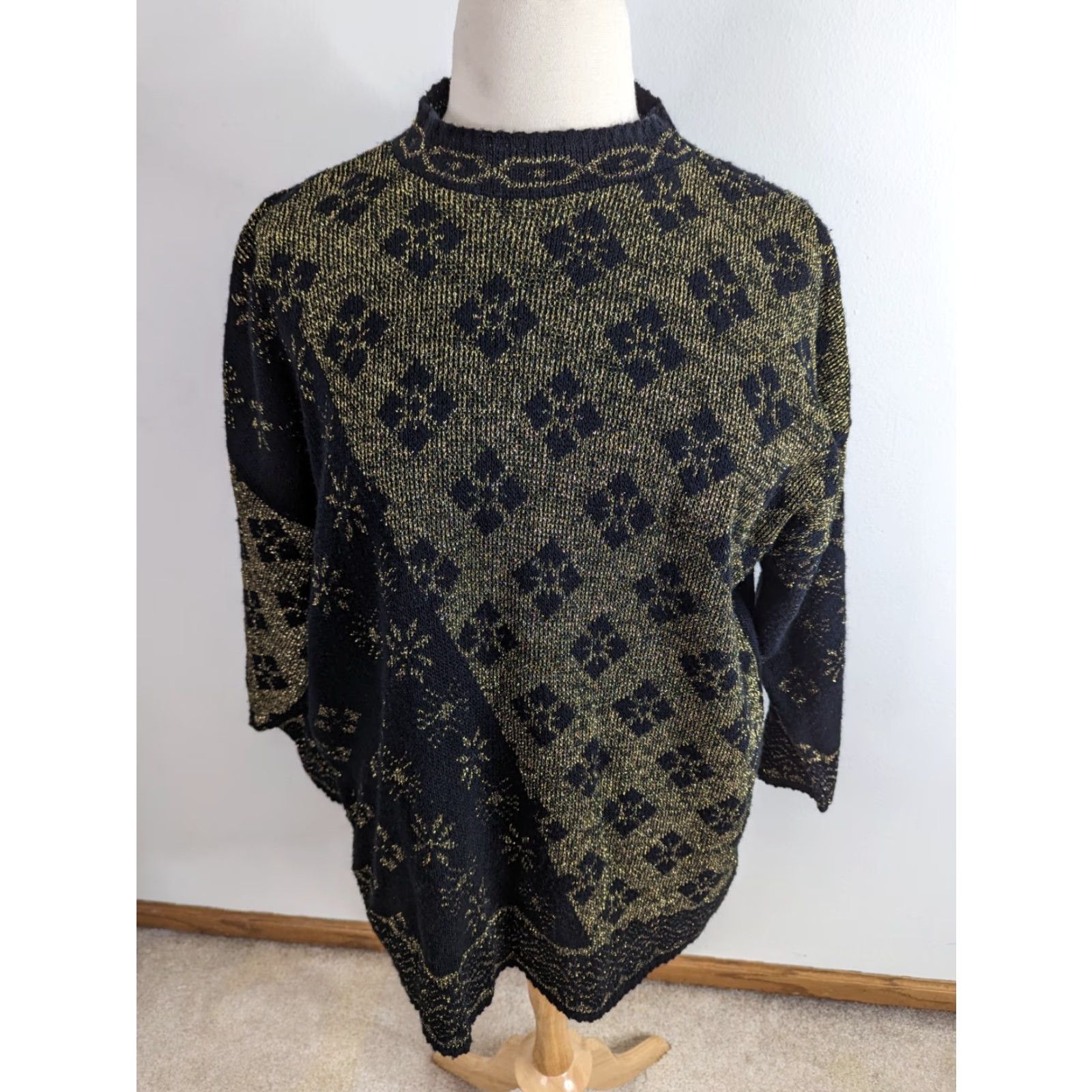 Vintage VINTAGE 80s Christmas Party Sweater Metallic Gold Black Women's 22W S11 Shirt Cardigan Open Christmas Look Women Womens Size 4XL / US 24-26 - 2 Thumbnail