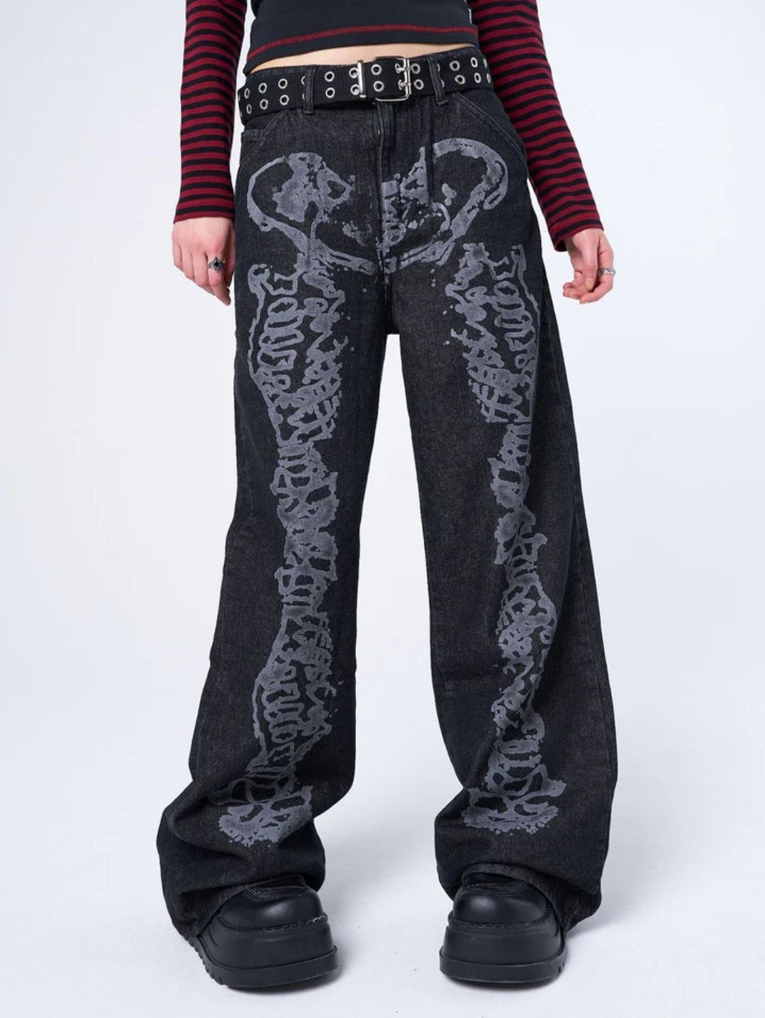 Minga London Minga London Bones Black Washed Skeleton Print Baggy 32 Size 32" / US 10 / IT 46 - 4 Thumbnail