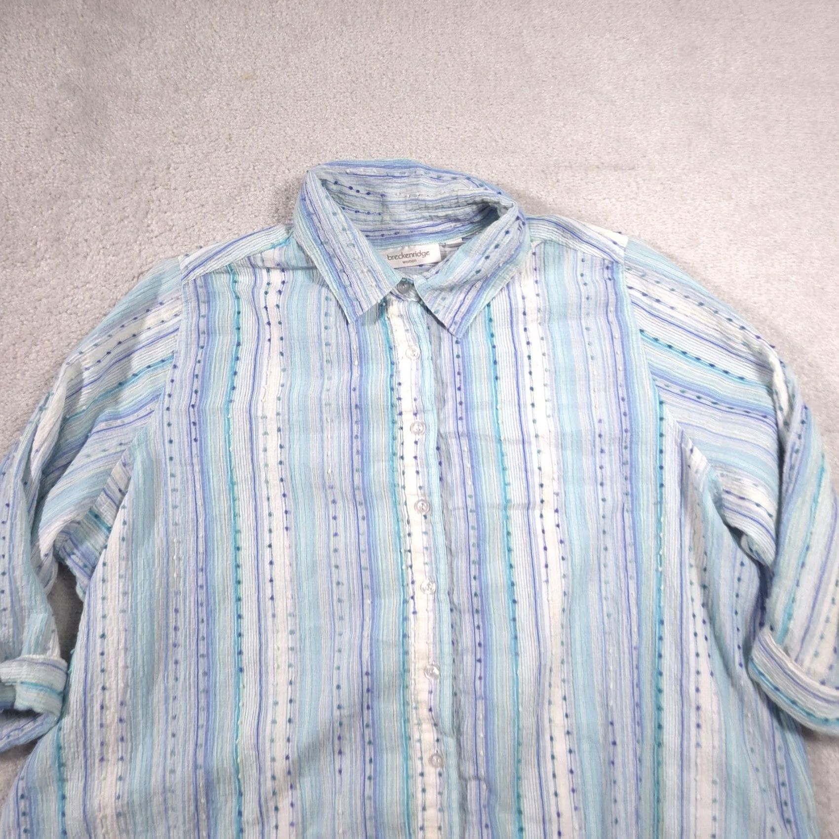 Vintage Breckenridge Shirt Womens 2X Blue Stripe Button Front Roll Tab 3/4 Sleeve Top Size XXL / US 16-18 / IT 52-54 - 4 Thumbnail