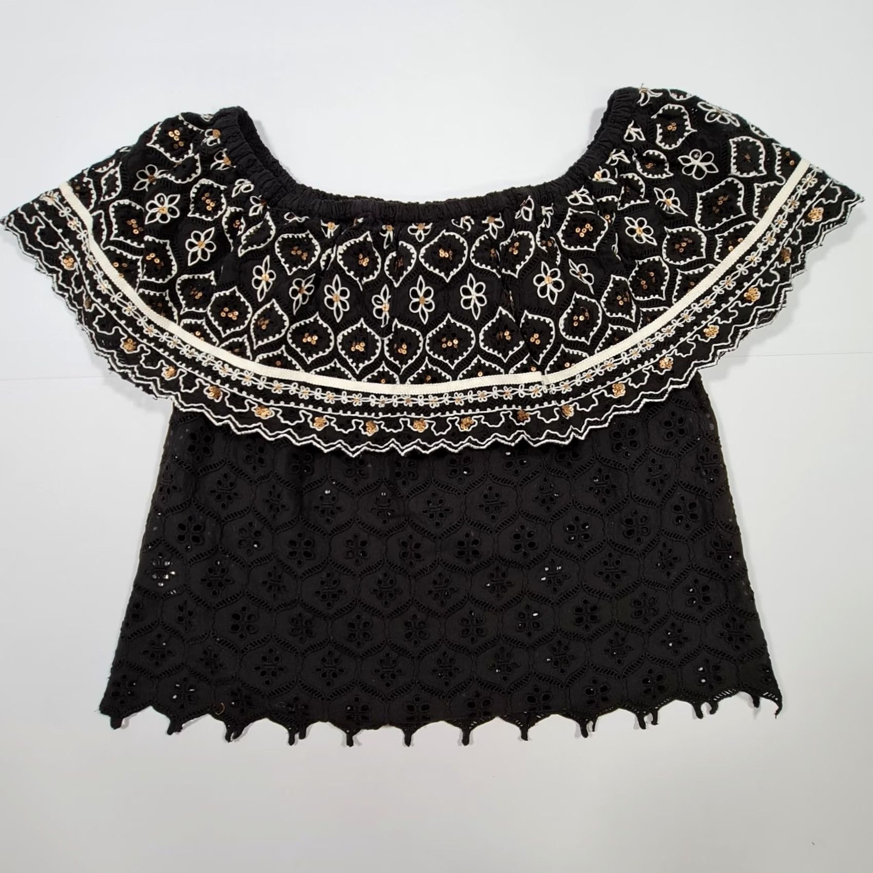 Hemant & Nandita Hemant & Nandita Blouse Womens Off The Shoulder Black Large Top Short Sleeve Satin Crochet Lace Embroidered 100% Cotton Size L / US 10 / IT 46 - 6 Thumbnail