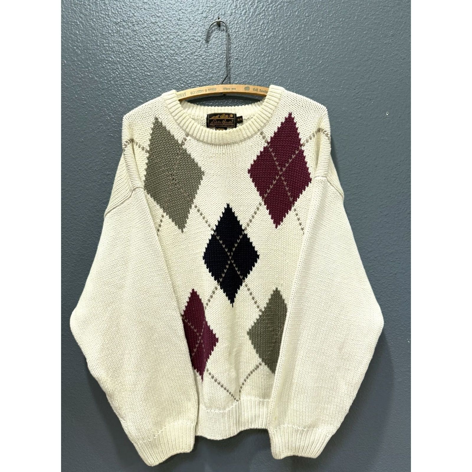 Eddie Bauer VINTAGE Eddie Bauer Sweater Argyle Pattern Cotton Knit Pullover Men XL White 90s Mens Size US XL / EU 56 / 4 - 3 Thumbnail