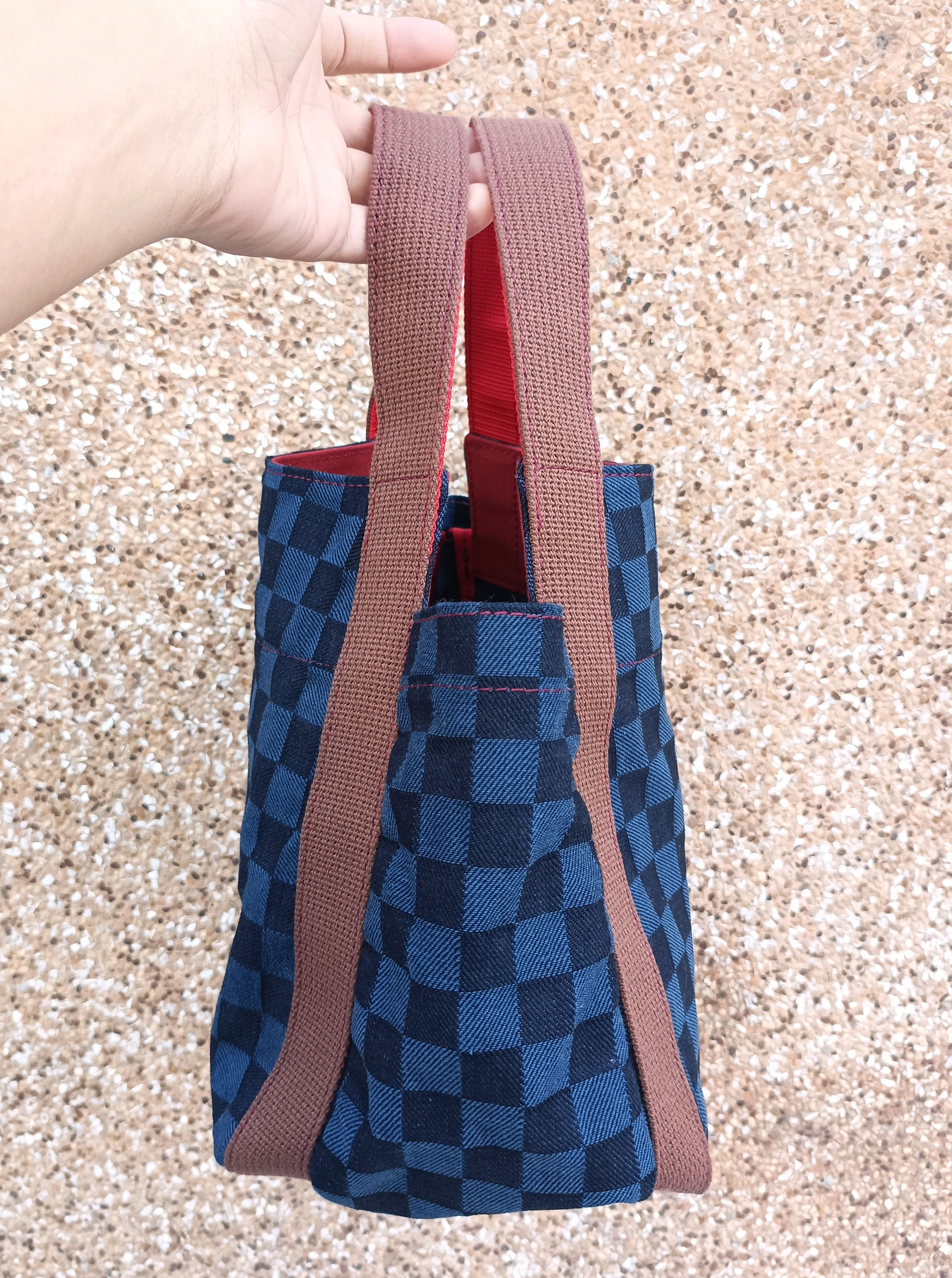 Japanese Brand (B56) Kurashiki Ogino Hanpu Navy Blue Check Cotton Hand Bag Size ONE SIZE - 6 Thumbnail