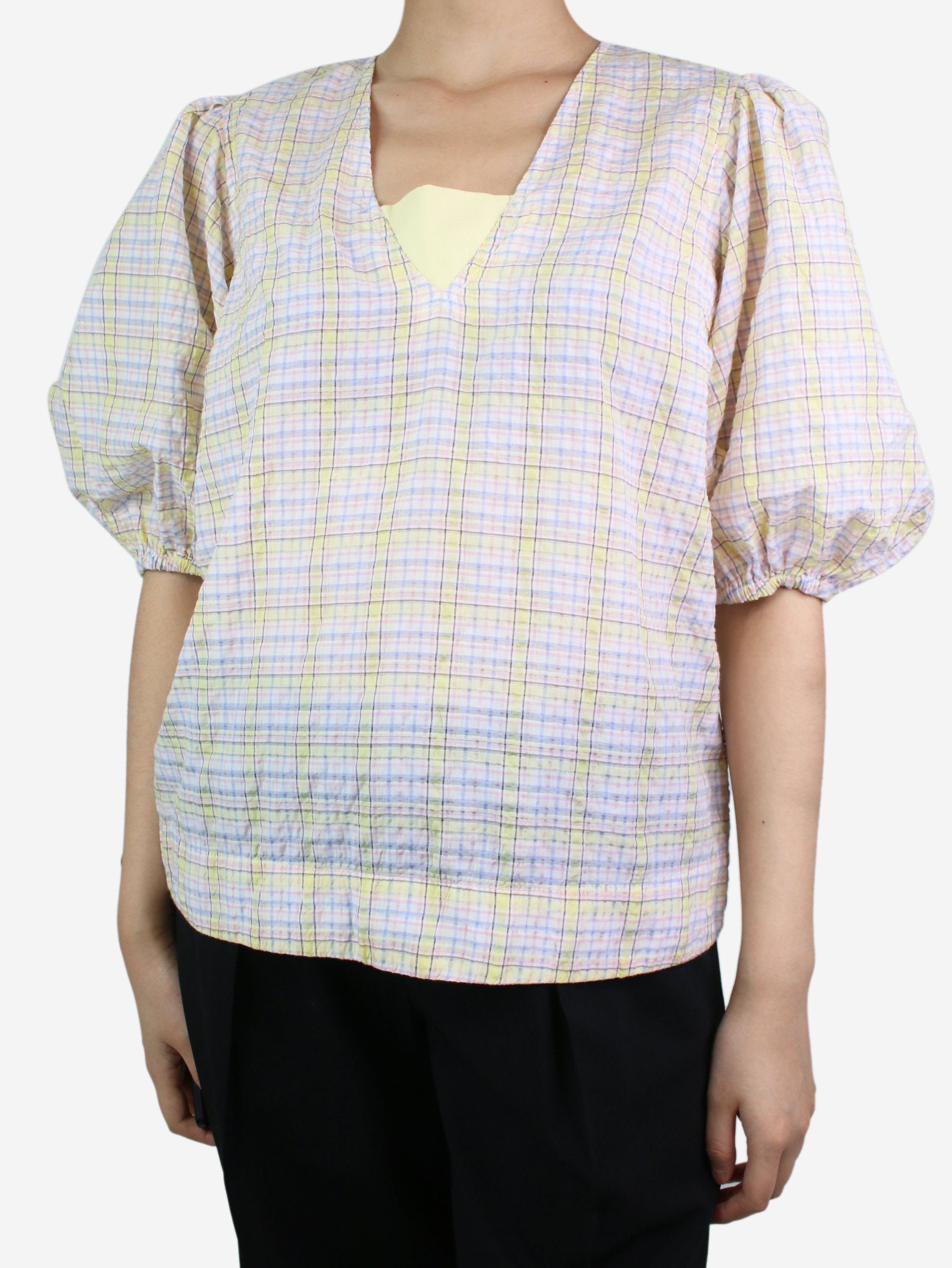 image of Ganni Multicoloured Puff Short-Sleeved Check Top - Size Eu 38, Women's