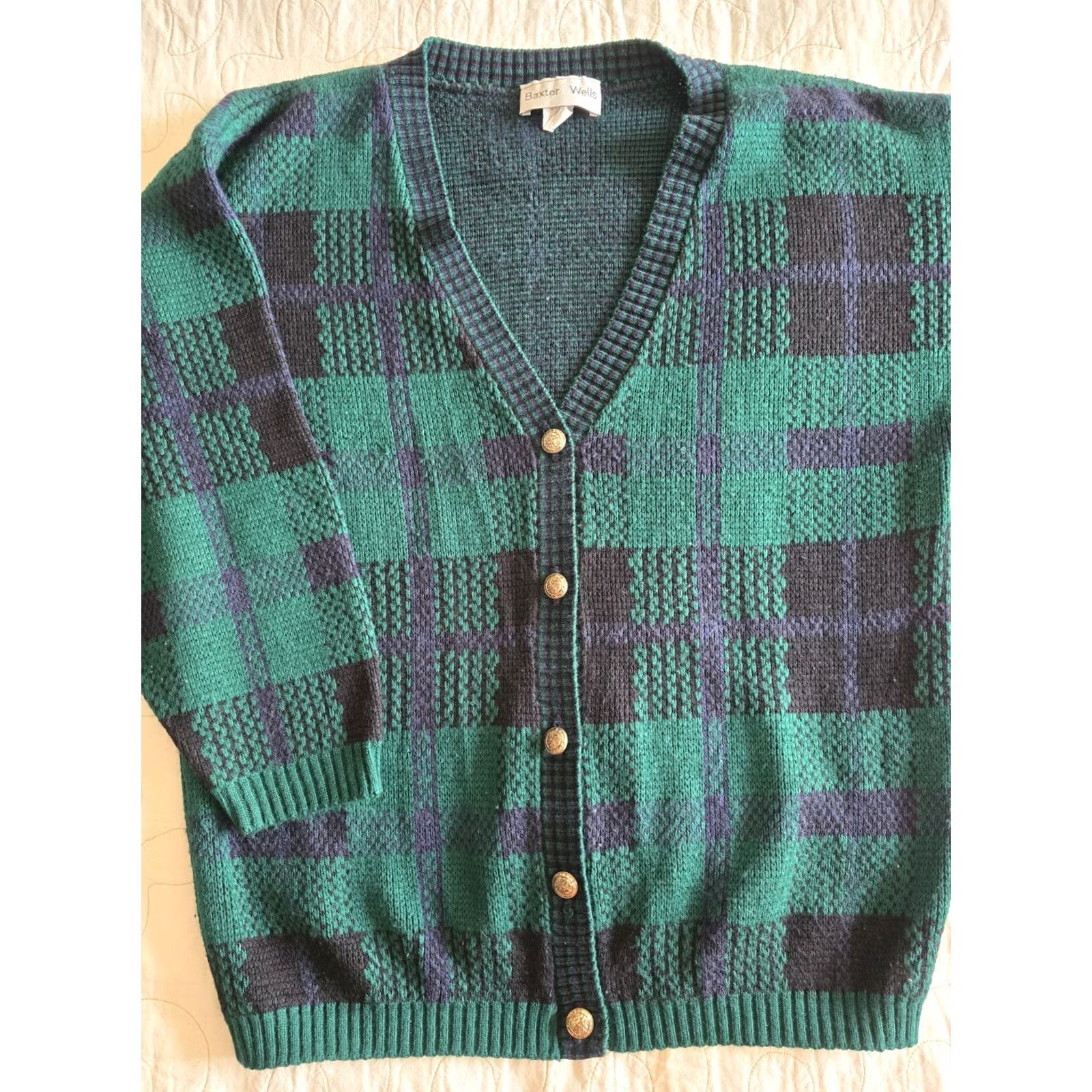 Vintage VINTAGE Baxter & Wells Cardigan Sweater Womens Large Green & Black Plaid 1990s 80s Androgyny, Casual Shirt Size L / US 10 / IT 46 - 2 Thumbnail
