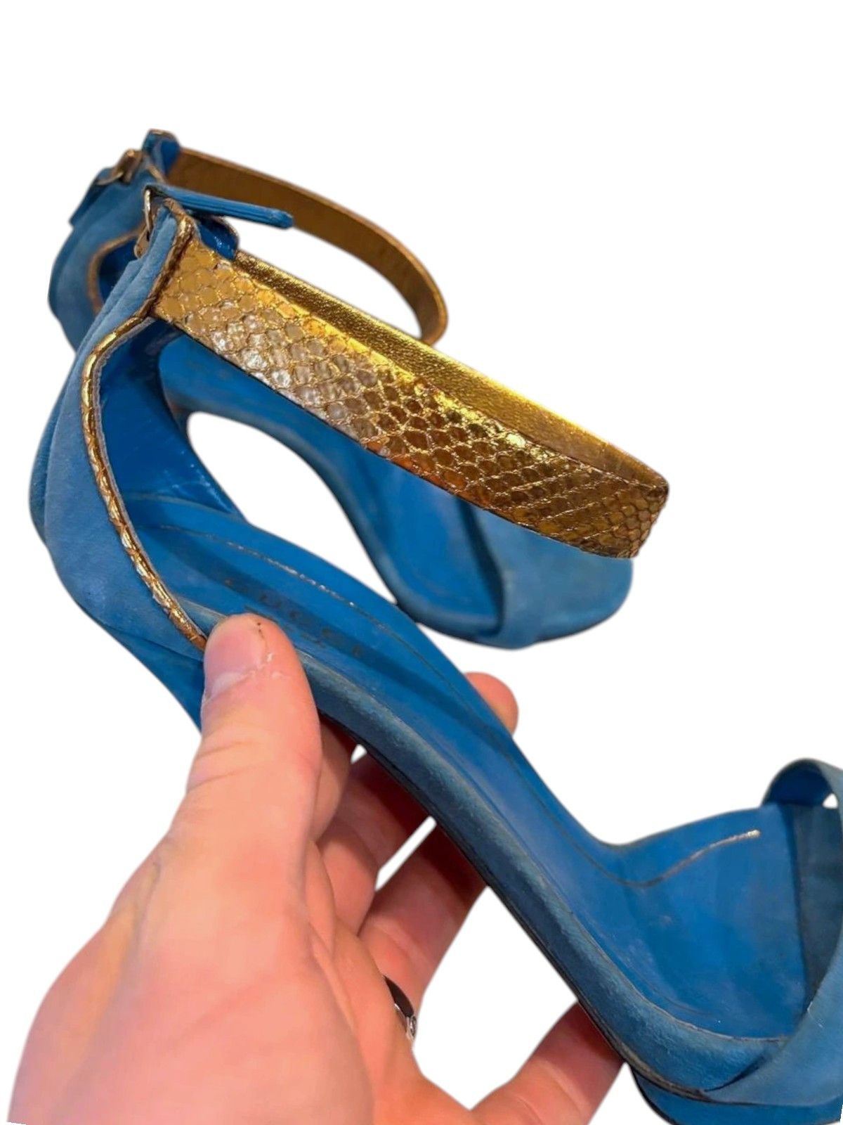 Gucci × Tom Ford Tom Ford Gucci Blue Suede and Gold Snakeskin Sandals Size US 7.5 / IT 37.5 - 6 Thumbnail