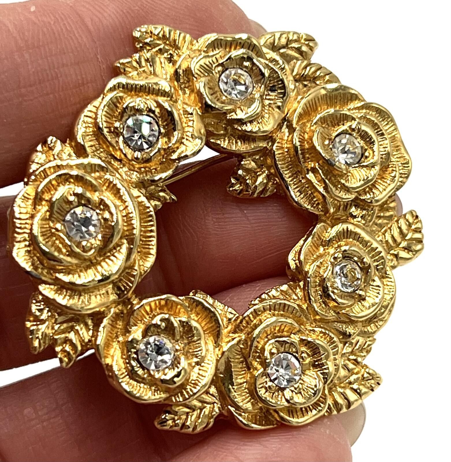 Monet Monet Goldtone and White Rhinestone Wreath of Roses Brooch Size ONE SIZE - 2 Thumbnail
