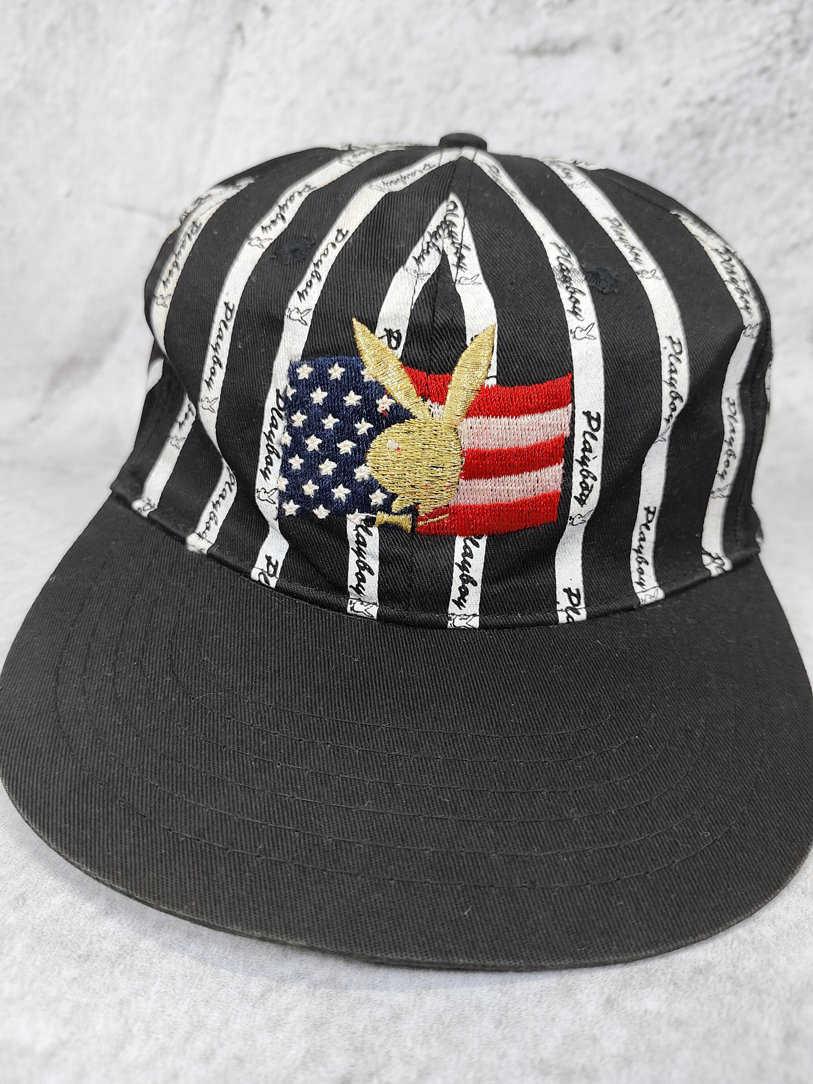 Playboy 2000s Playboy- Embroidered Bunny USA Flag Logo Stripe Cap Size ONE SIZE - 2 Thumbnail