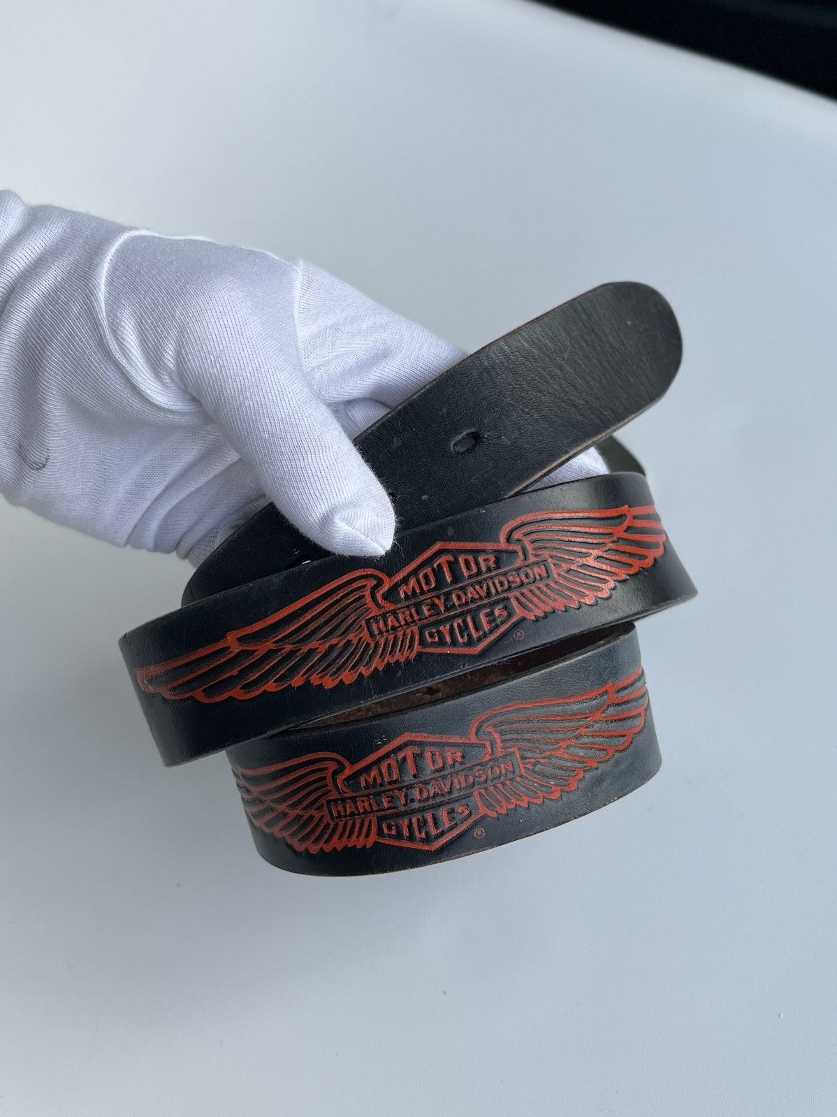 Harley Davidson Harley-Davidson Leather Belt Black Red Wings USA S Vintage Size 30 - 16 Thumbnail