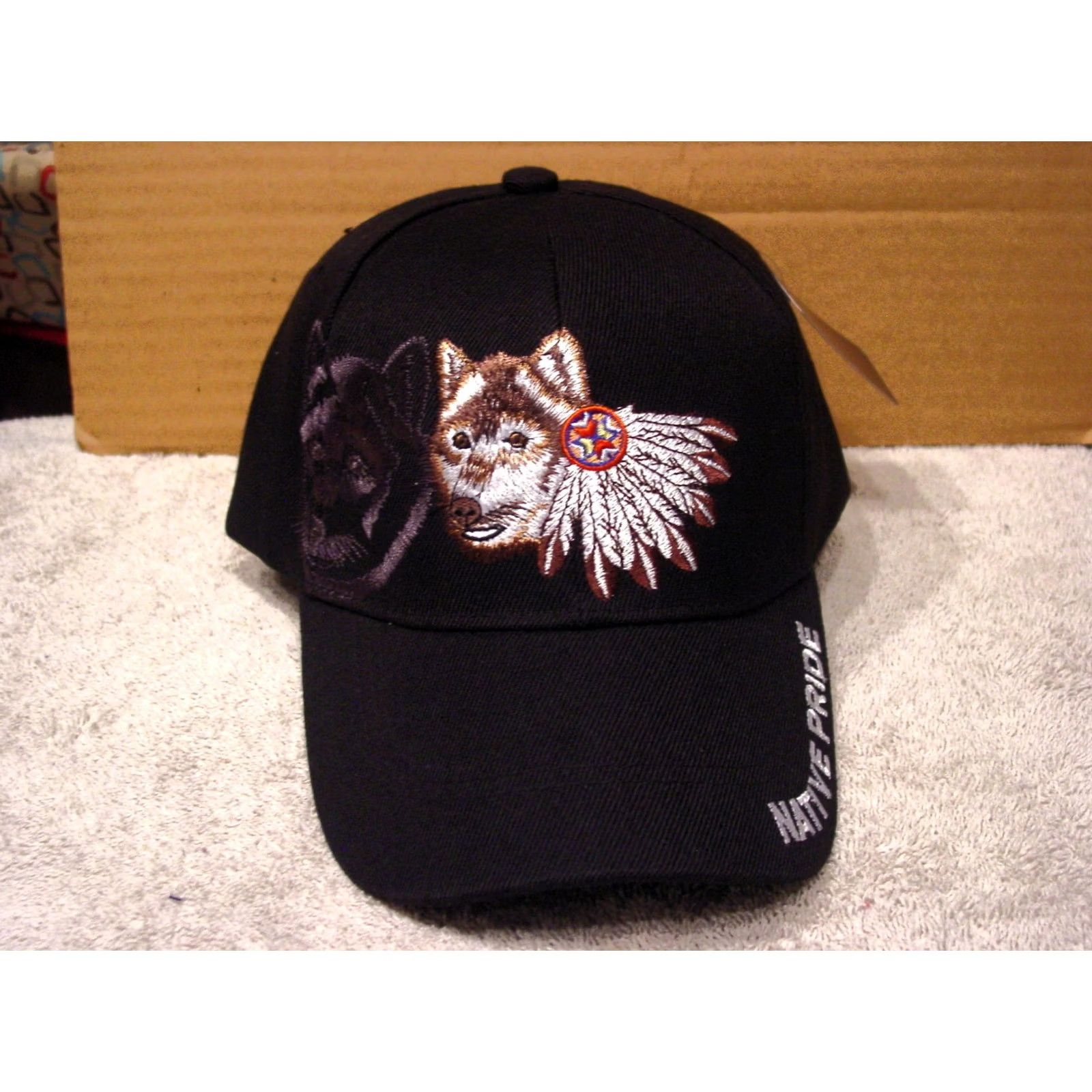 Vintage Baseball Cap Wolf Feathers Native Pride Black Adjustable Mens Size ONE SIZE - 2 Thumbnail