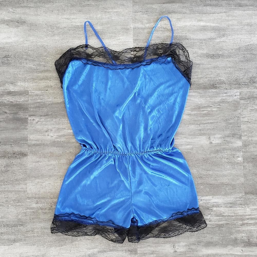 Designer Blue Black Lace Detailed Silk Romper Size ONE SIZE - 1 Thumbnail