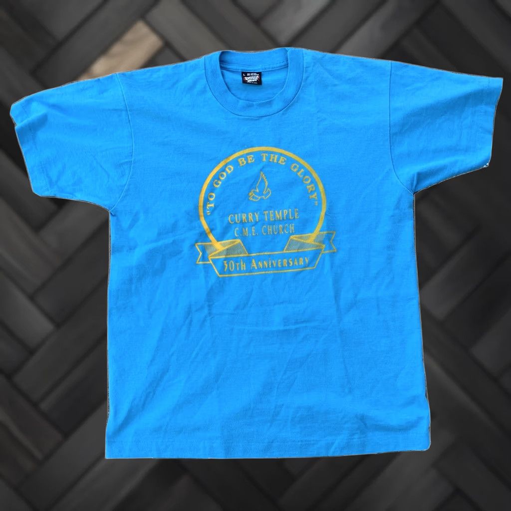 Vintage VINTAGE To God Be The Glory Curry Temple CME Church 30th Anniversary T-Shirt L Blue Mens Short Sleeve Graphic 80s 90s Bird Screen Stars Made in USA Size US L / EU 52-54 / 3 - 1 Thumbnail