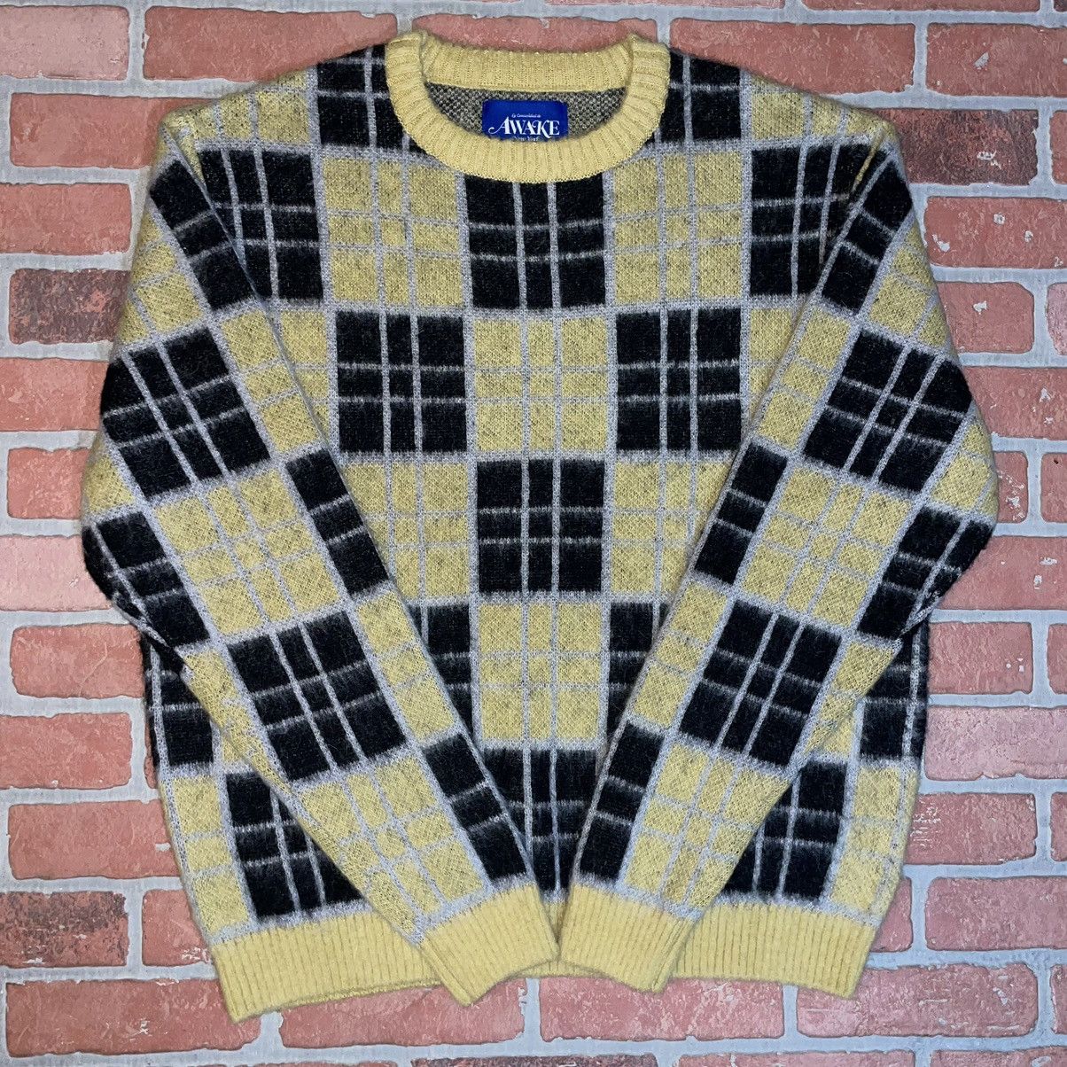 Image of Awake Ny Mohair Crewneck Sweatshirt Mens XL Plaid Checkered in Black