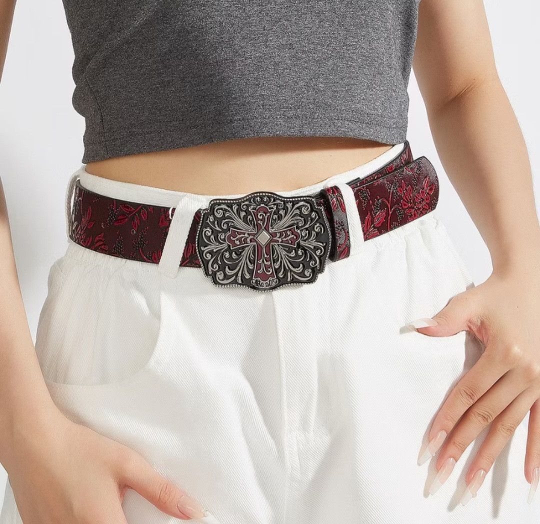 Japanese Brand 💥Cross metal buckle burgendy flower belt Size ONE SIZE - 4 Thumbnail
