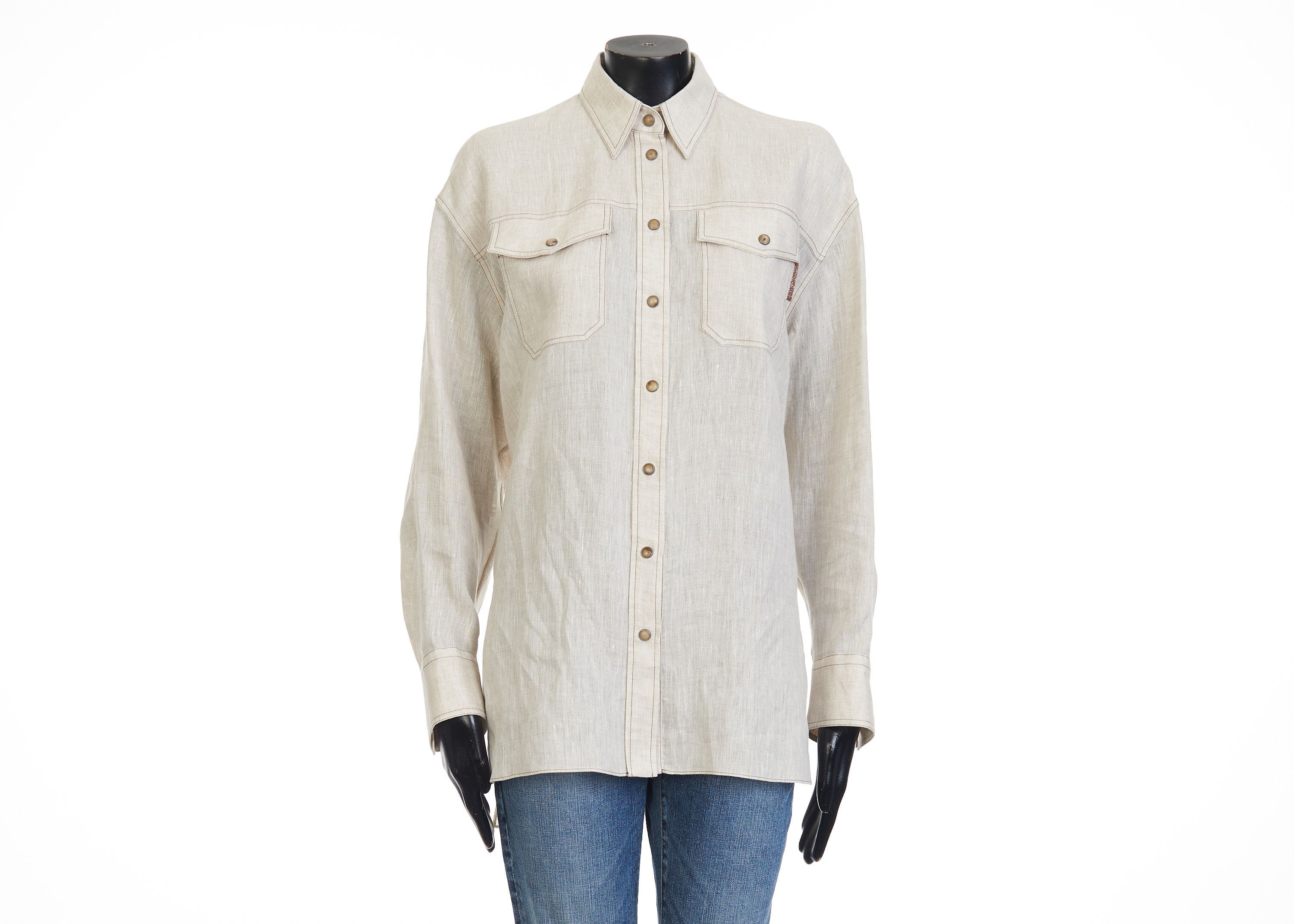 Brunello Cucinelli Lightweight Linen Shirt With Snap Buttons & Shiny Tab Size S / US 4 / IT 40 - 1 Thumbnail