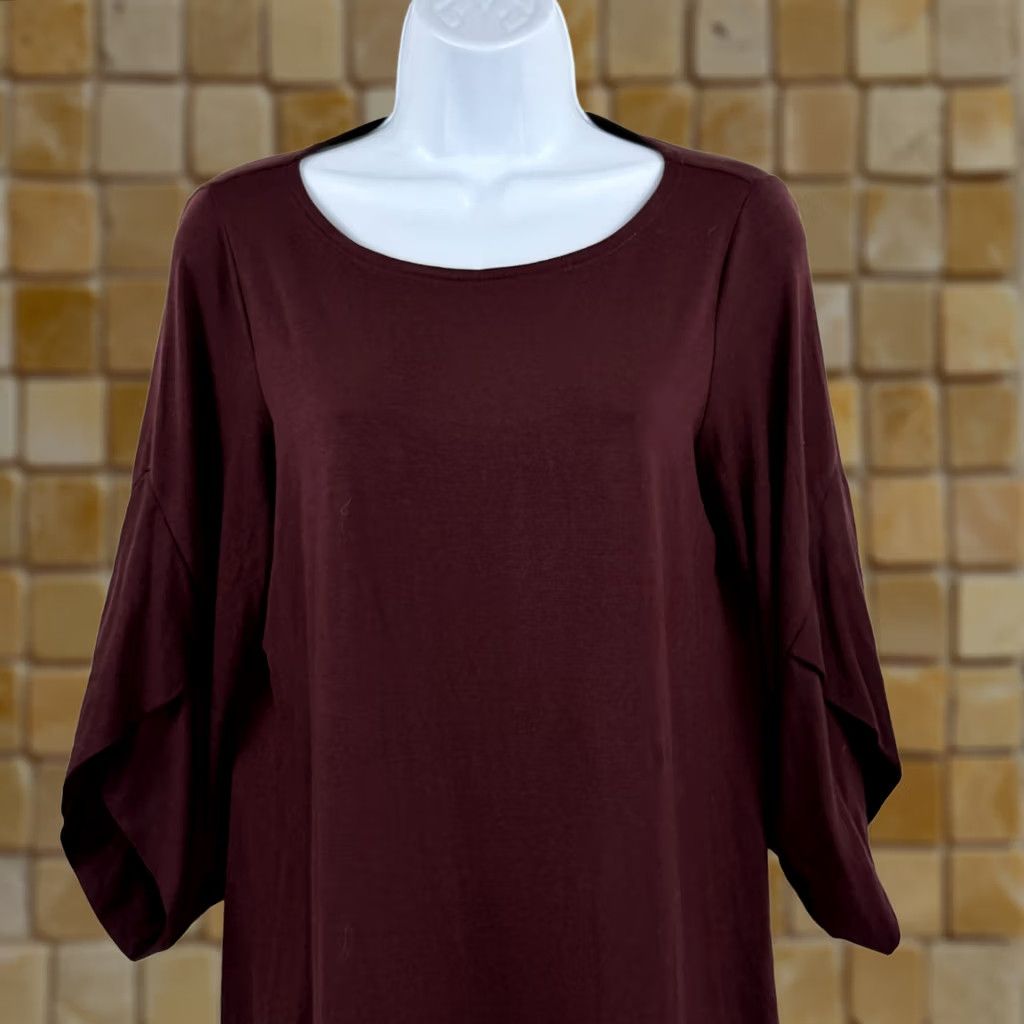 Eileen Fisher VINTAGE Eileen Fisher Tulip-Sleeve Shift Dress Petite Small Wine Boat Neck Stretch Size S / US 4 / IT 40 - 1 Thumbnail