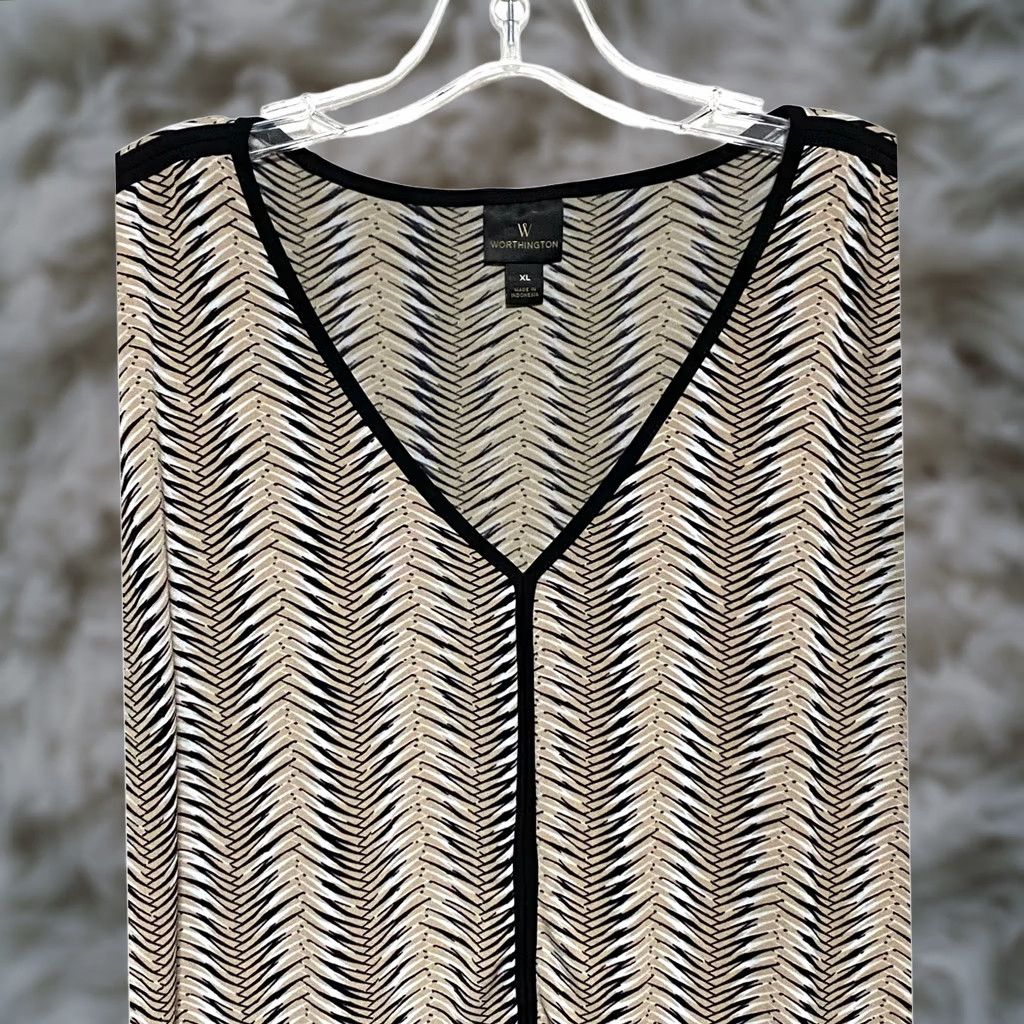Worthington Worthington V Neck Sleeveless Blouse XL Tan Geometric Artsy Career Boho Shirt Women Size XL / US 12-14 / IT 48-50 - 1 Thumbnail