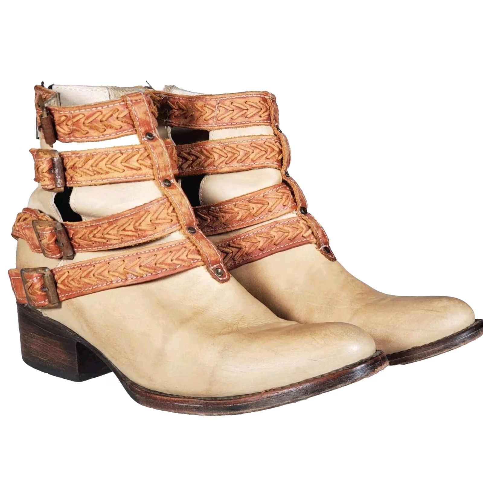 FREEBIRD FREEBIRD by STEVEN FB ROPER Leather Ankle Boots Light Tan Four Rust Braided Straps Buckles Women US 8 Size US 8 / IT 38 - 2 Thumbnail