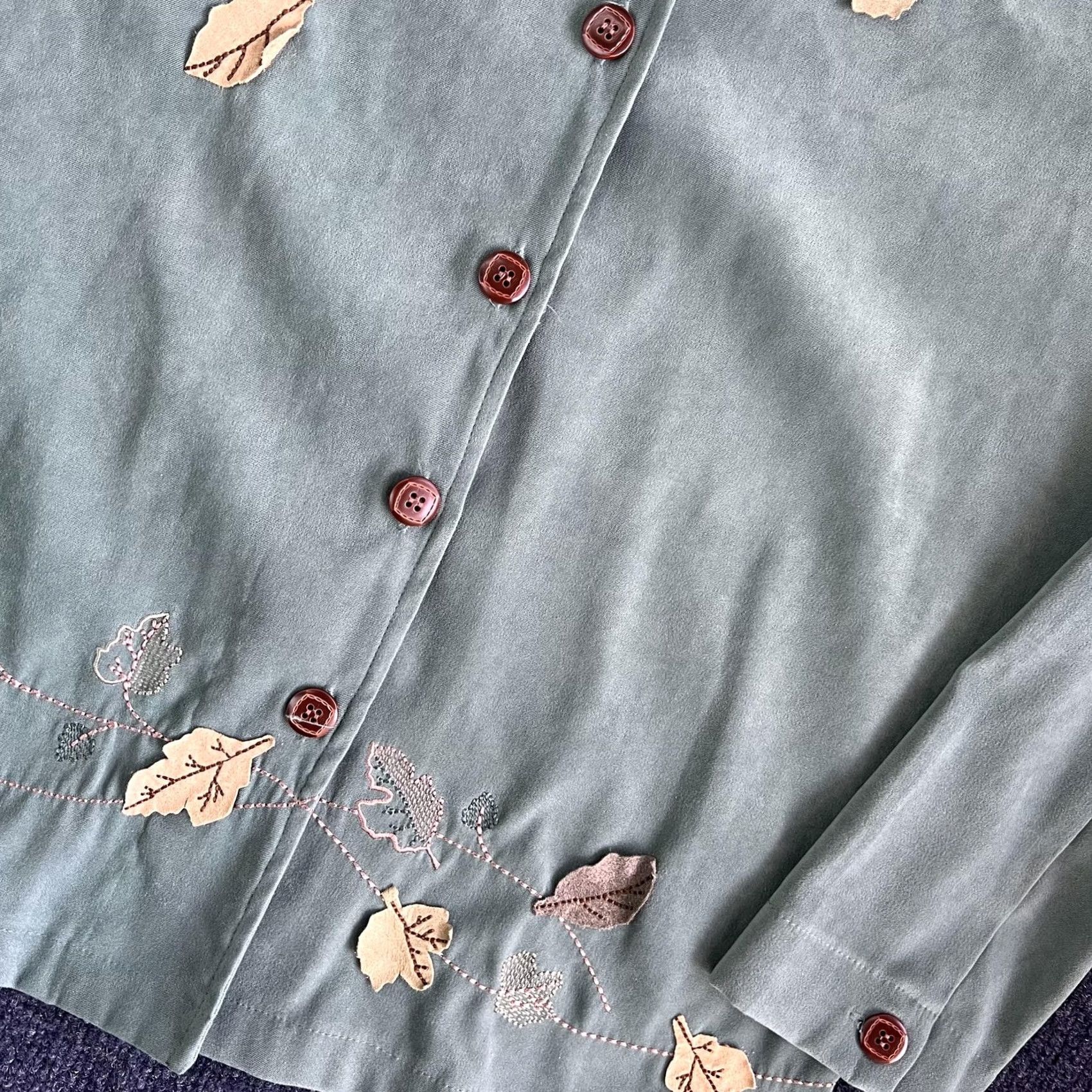 Vintage Teddi Button-Up Shirt Womens Small Green Leaf Embroidered Long Sleeve Top Fall Size S / US 4 / IT 40 - 2 Thumbnail