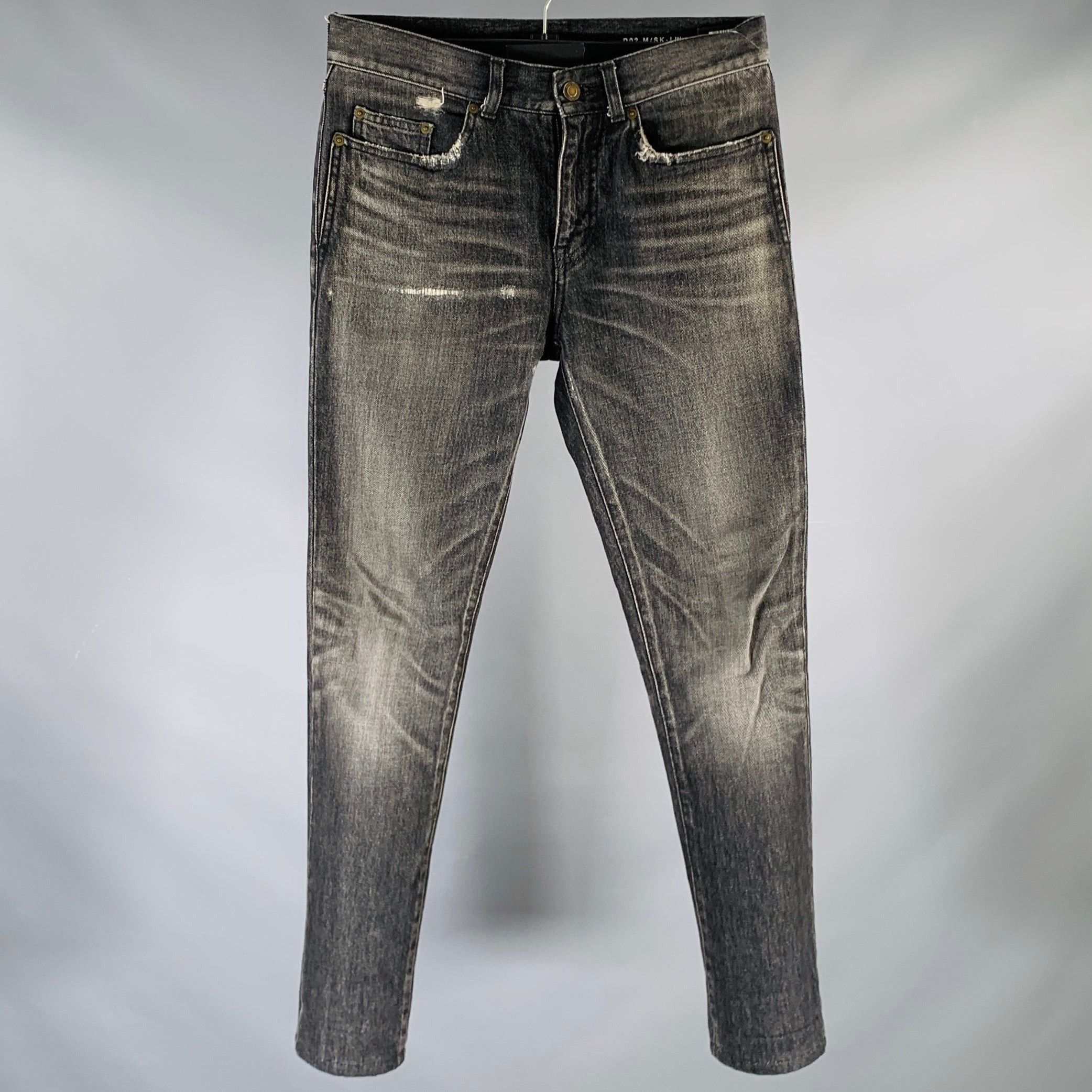 SAINT LAURENT Grey Charcoal Distressed Cotton Straight Jeans Denim