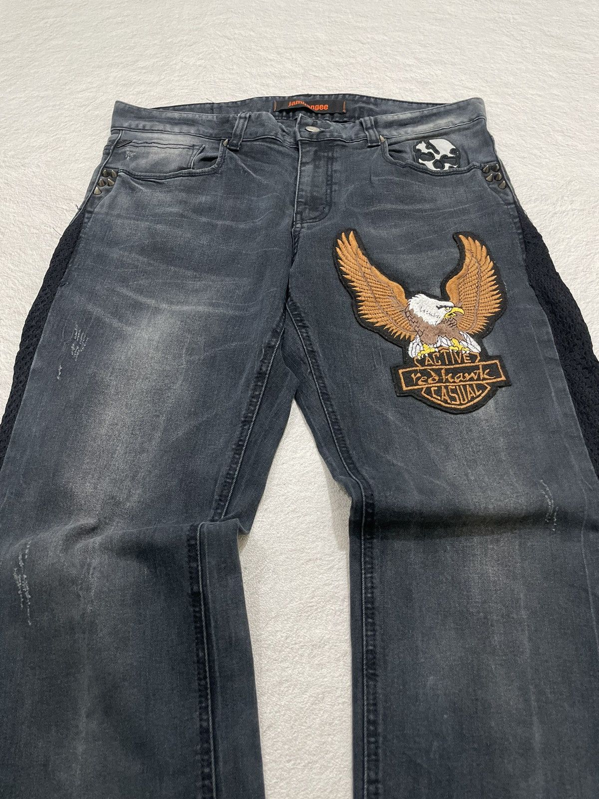Japanese Brand 00s Jambangee Studed Denim Embroidered Skull Wash Jeans Y2K Size US 35 - 4 Thumbnail