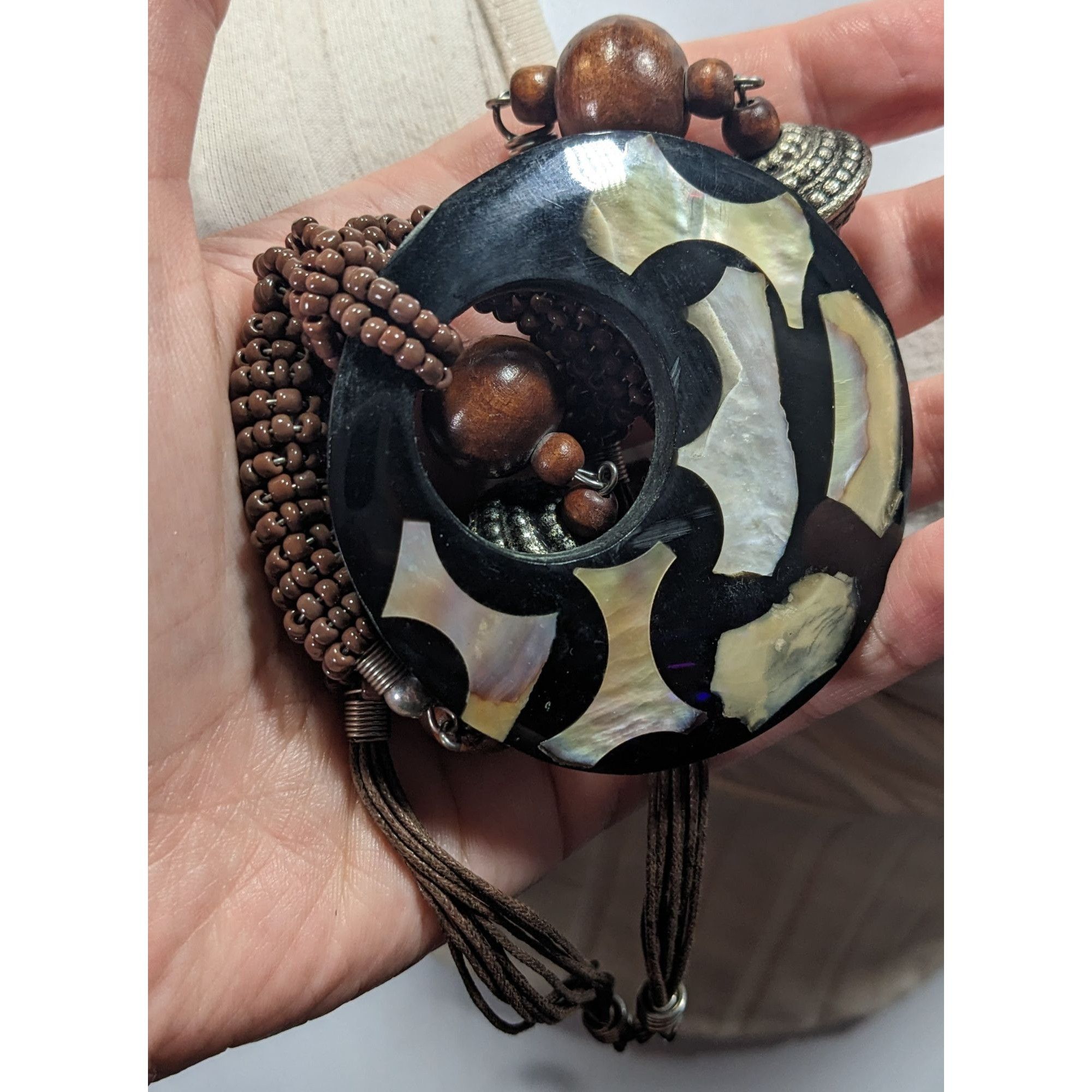 Other Vintage Bohemian Wood And Metal Necklace With Shell Inlay Pe Size ONE SIZE - 5 Thumbnail