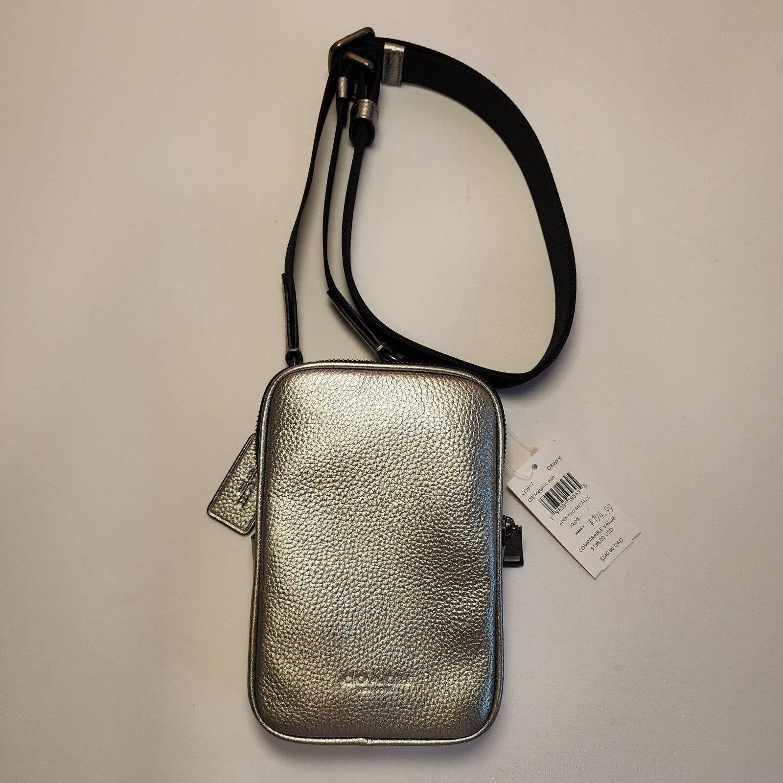 image of NWT Coach Co917 Aden Crossbody Metallic Ash Leather Silver, Men's