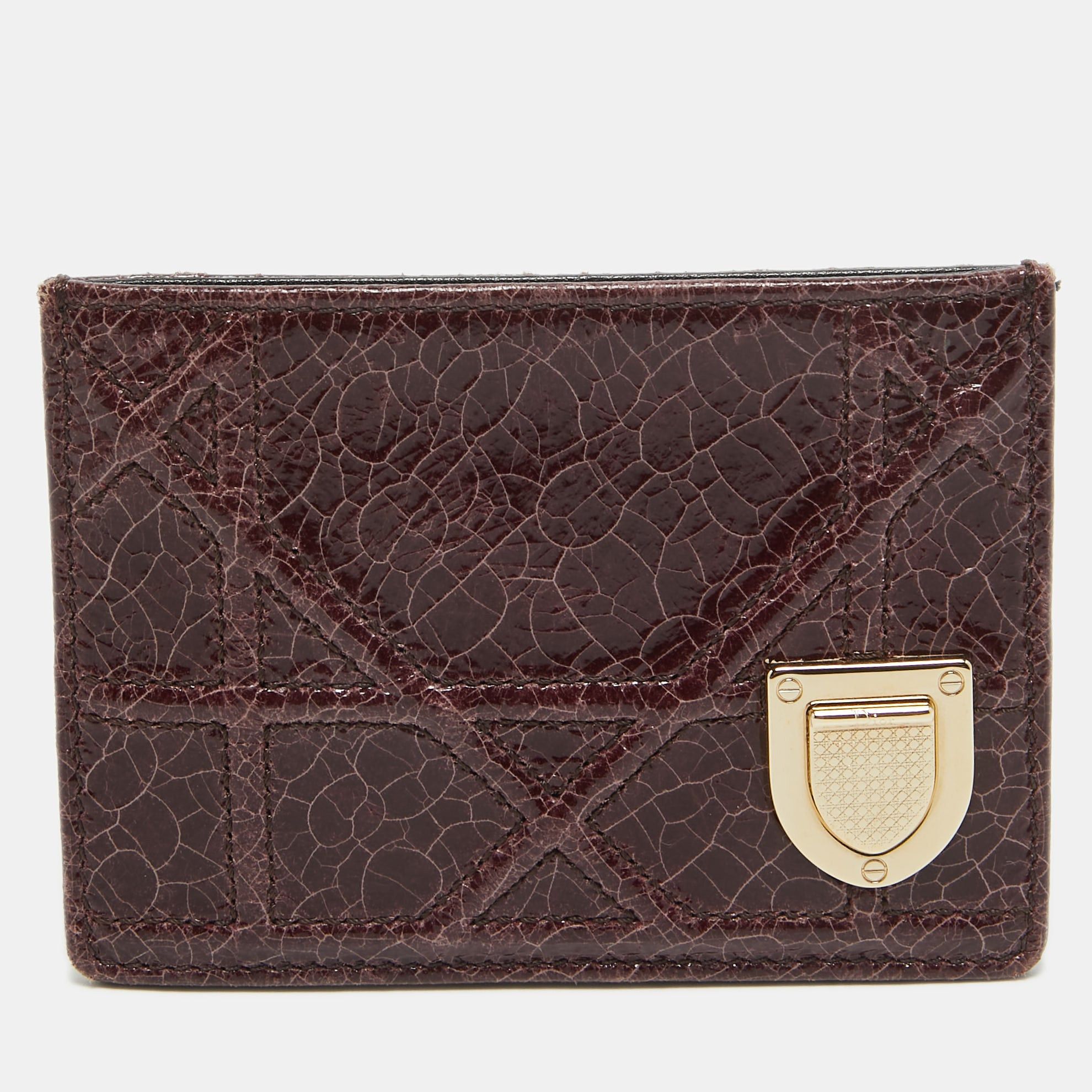 image of Dior Burgundy Crackled Patent Leather Ama Card Holder in Red, Women's