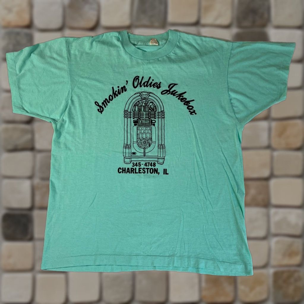 Vintage VINTAGE Screen Stars T-Shirt Unisex Adults XL Teal 80s Smokin' Oldies Jukebox Charleston, IL Music 80s Mens Womens Boys Girls Size US XL / EU 56 / 4 - 1 Thumbnail