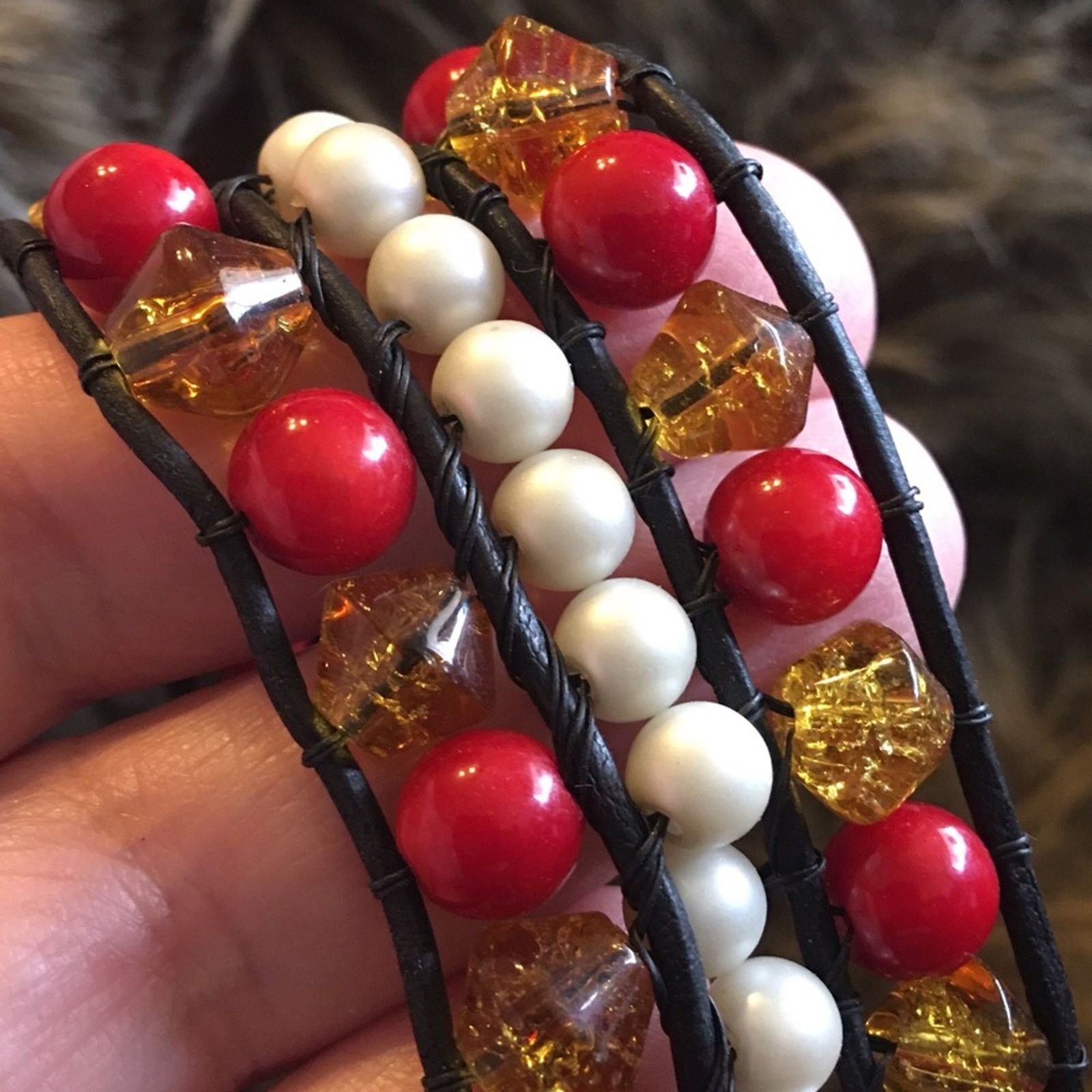 Vintage Handmade antique button leather beaded bracelet Size ONE SIZE - 8 Thumbnail