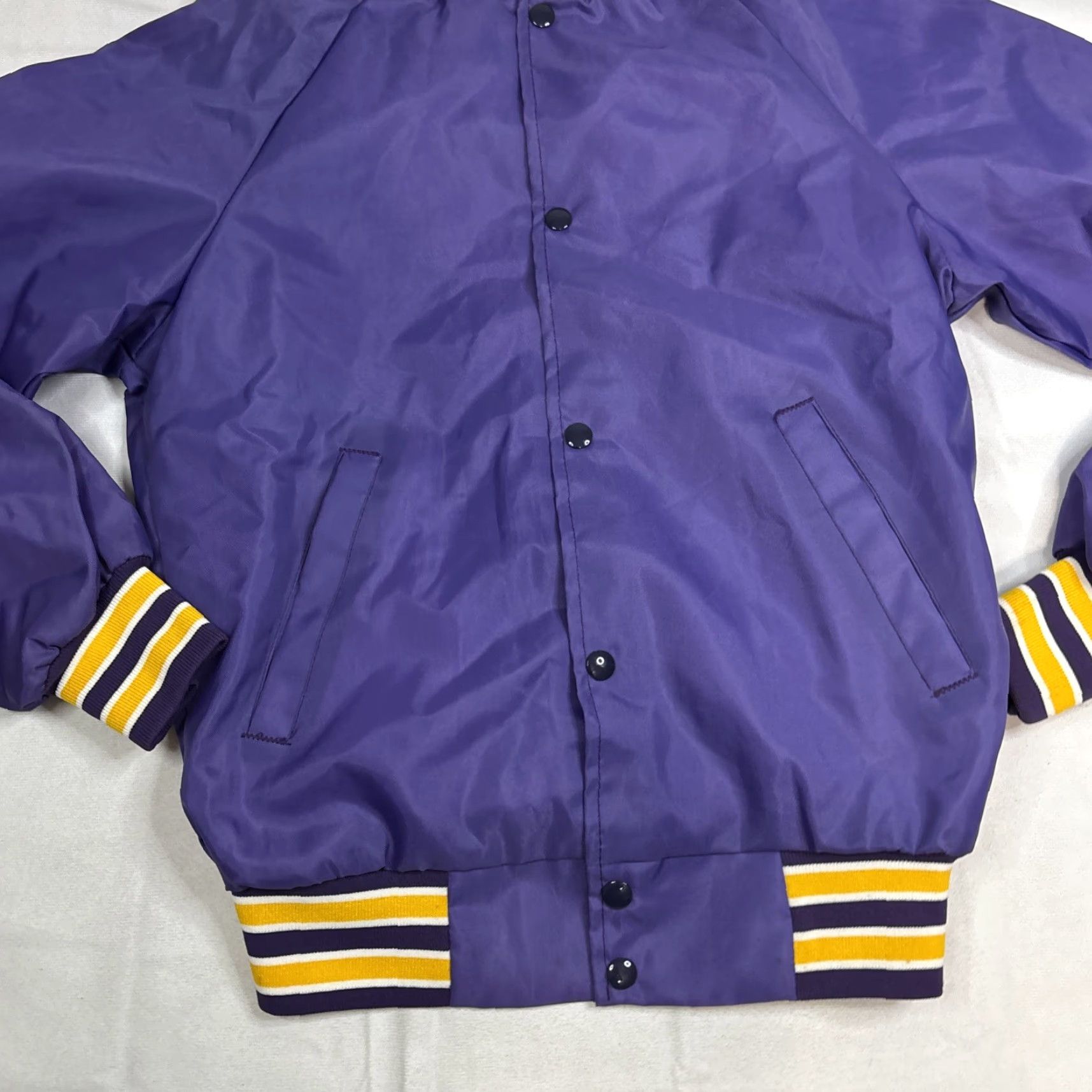 Vintage VINTAGE WestArk Satin Jacket Snap Front XS Purple Yellow 80s Men’s Varsity Jacket Jacket Mens XS Purple 80s Satin Snap Nylon Blk? Size US XS / EU 42 / 0 - 2 Thumbnail