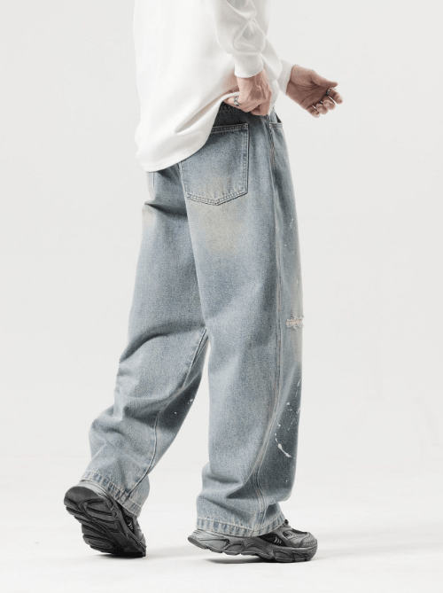 Japanese Brand × Jean American retro distressed ink-splashed wide-leg ripped jeans Size US 32 / EU 48 - 3 Thumbnail