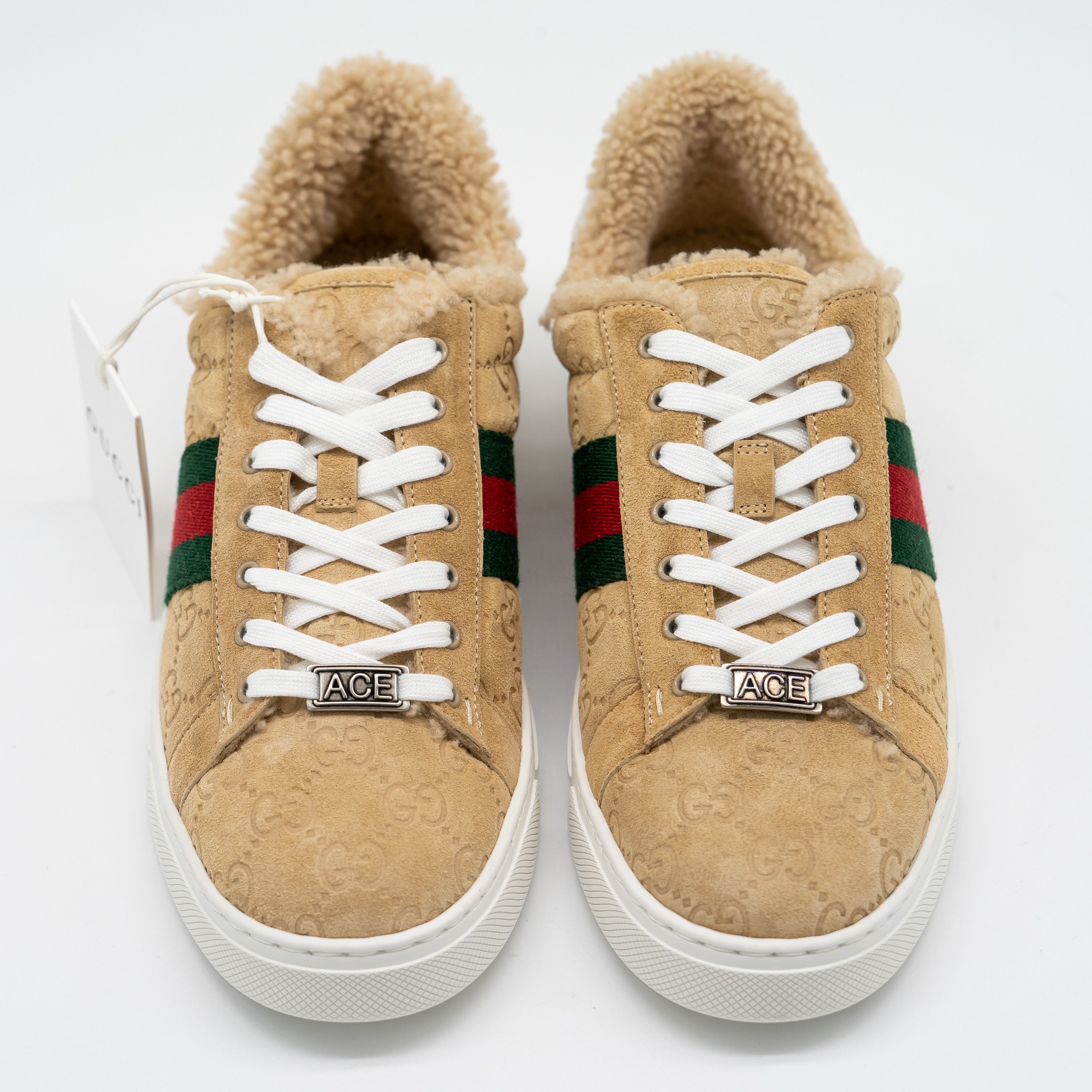 Gucci 9.5 US Gucci Ace GG Brown Mutton Fur Shearling Web Sneakers Size US 9.5 / IT 39.5 - 3 Thumbnail