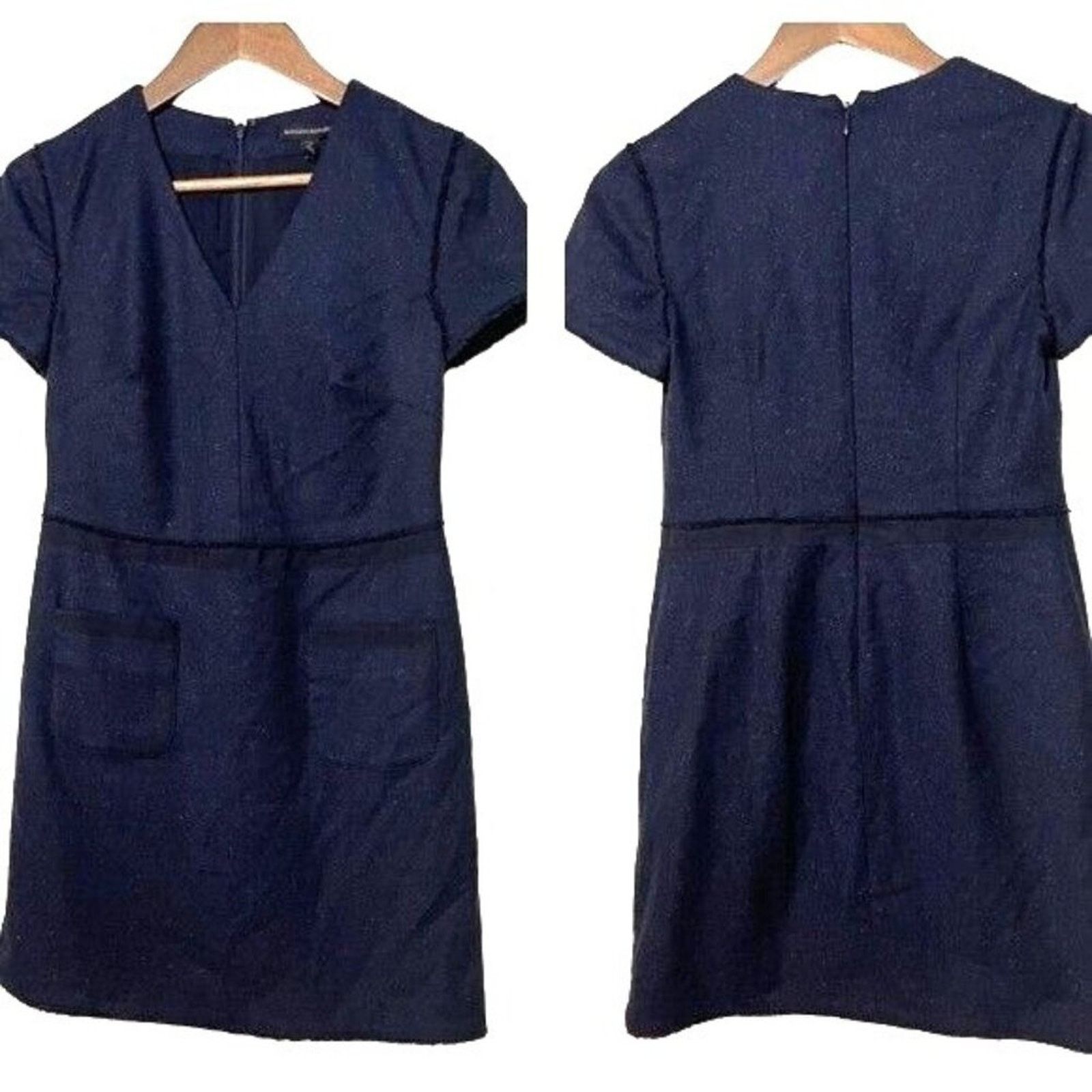 Banana Republic Banana Republic Wool Blend Navy Speckled Dress V-Neck 0P Size XS / US 0-2 / IT 36-38 - 2 Thumbnail