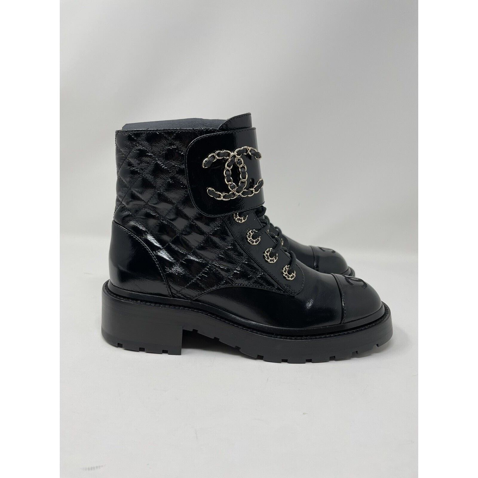 Chanel Chanel Brave Leather Quilted Combat Boots Patent Black 37.5 Size US 7.5 / IT 37.5 - 6 Thumbnail