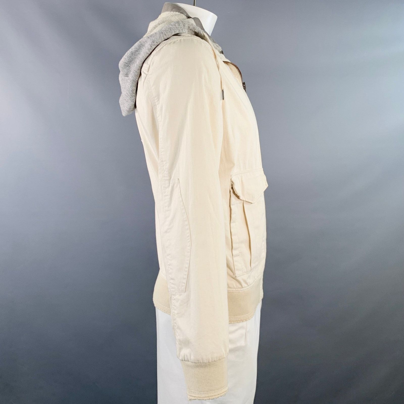 Size L Cream Grey Cotton Hooded Jacket