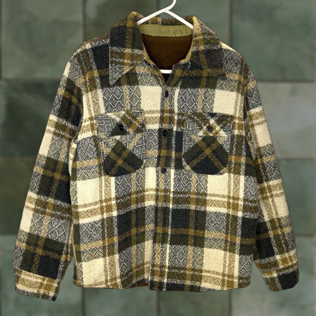 Vintage VINTAGE National Shirt Shops Shirt Jacket Shacket Flannel Button-Up Beige 50s Plaid Medium Men Buttons Missing Pockets 2 Front Size US M / EU 48-50 / 2 - 1 Thumbnail