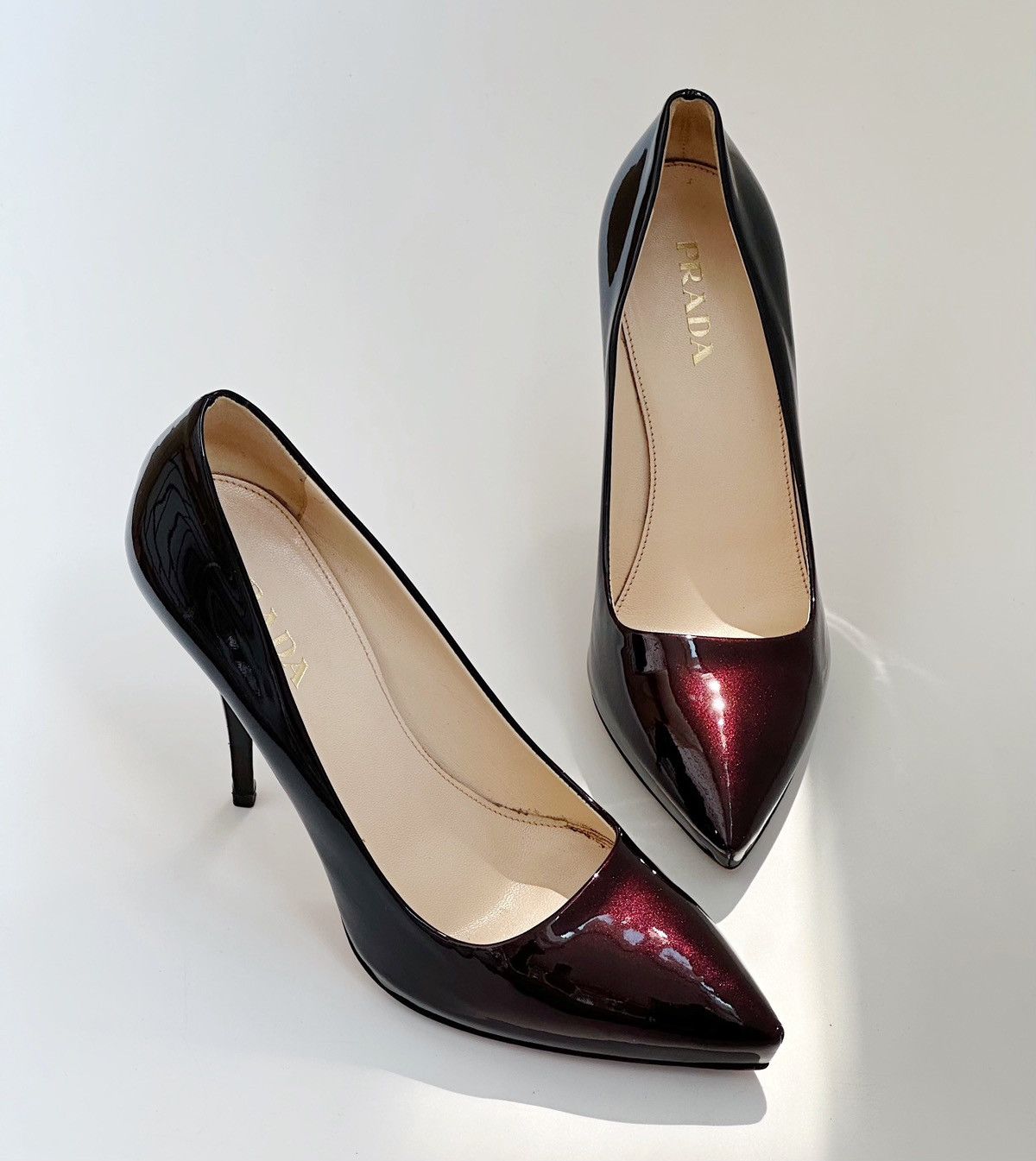 Sz38 Prada Purple Metallic Heel Shoes Patent Leather Vintage, Women's