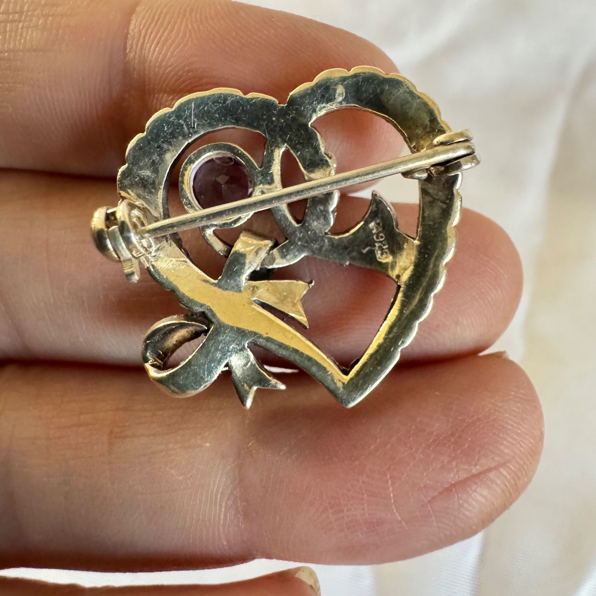 Vintage VTG Sterling Silver 925 Amethyst & Marcasite Scroll Heart Br Size ONE SIZE - 4 Thumbnail