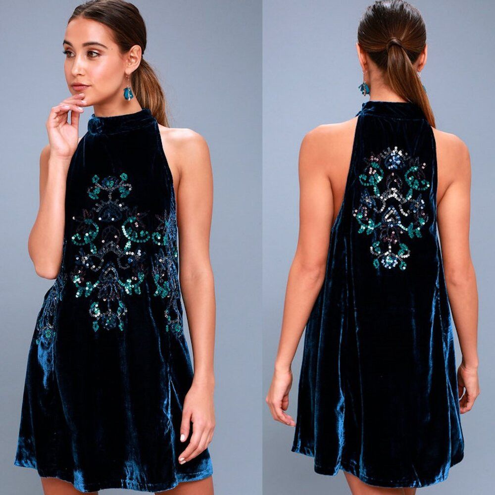 Free People Free People Jill's Navy Blue Velvet Sequin Swing Dress Tuni Size S / US 4 / IT 40 - 2 Thumbnail