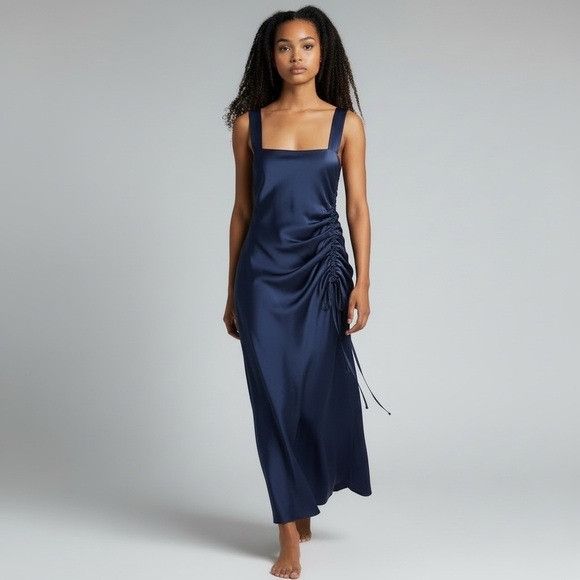 Other Taylor Navy Satin Ruched-Side Slip Dress Size XS / US 0-2 / IT 36-38 - 1 Thumbnail